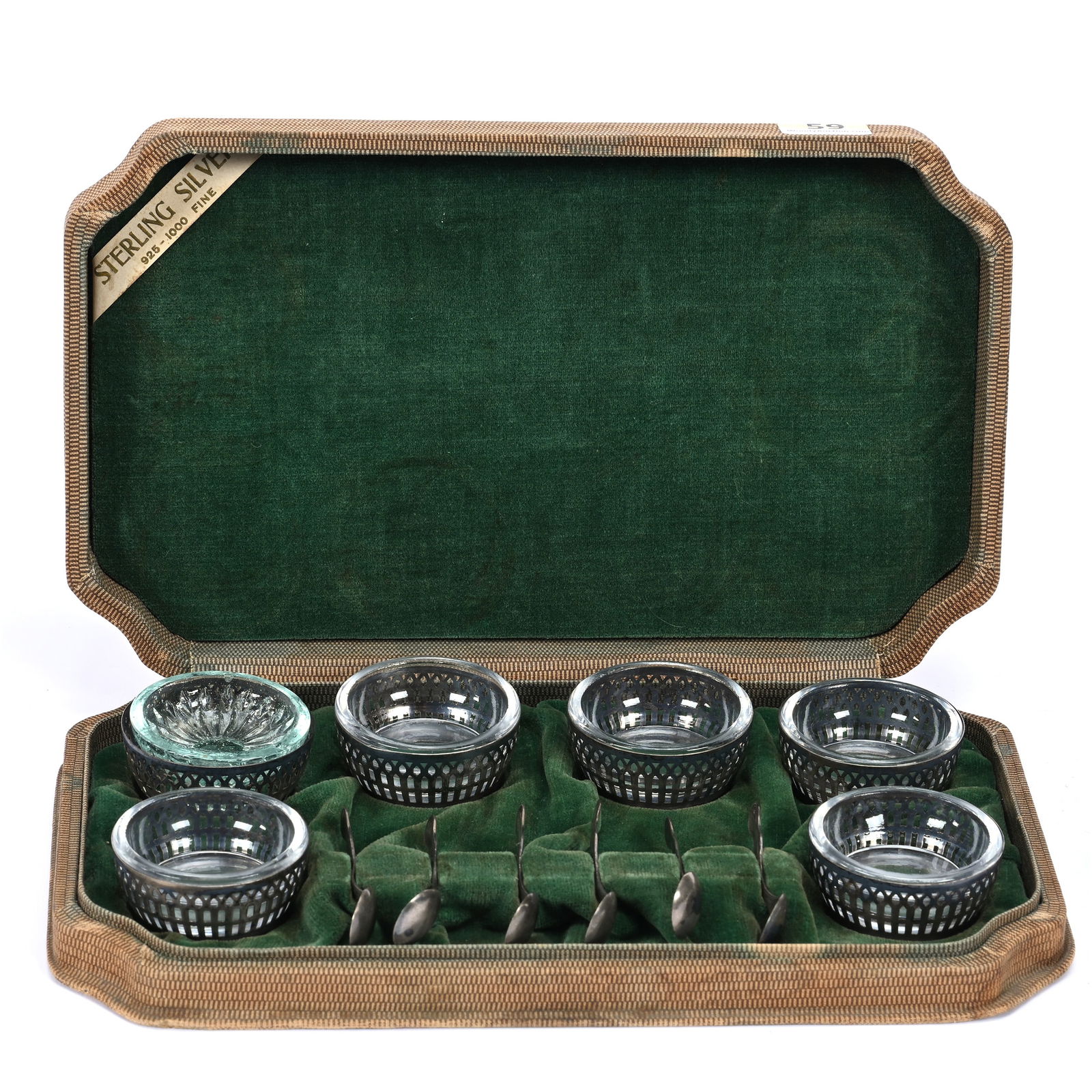 Cased Salt Dip Set, (6) Salt Dips With Sterling Reticulated Frames (1 of 5)