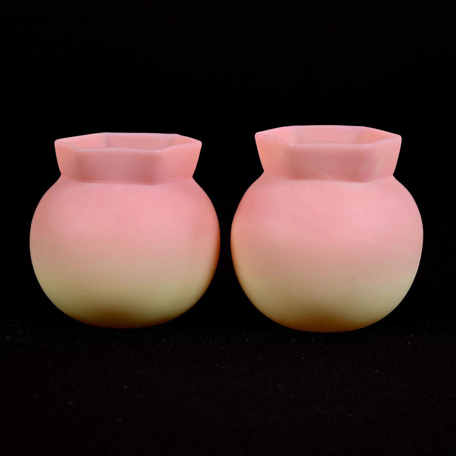 Pair Vases, Unmarked Burmese Art Glass, Six-Sided Rims (1 of 4)