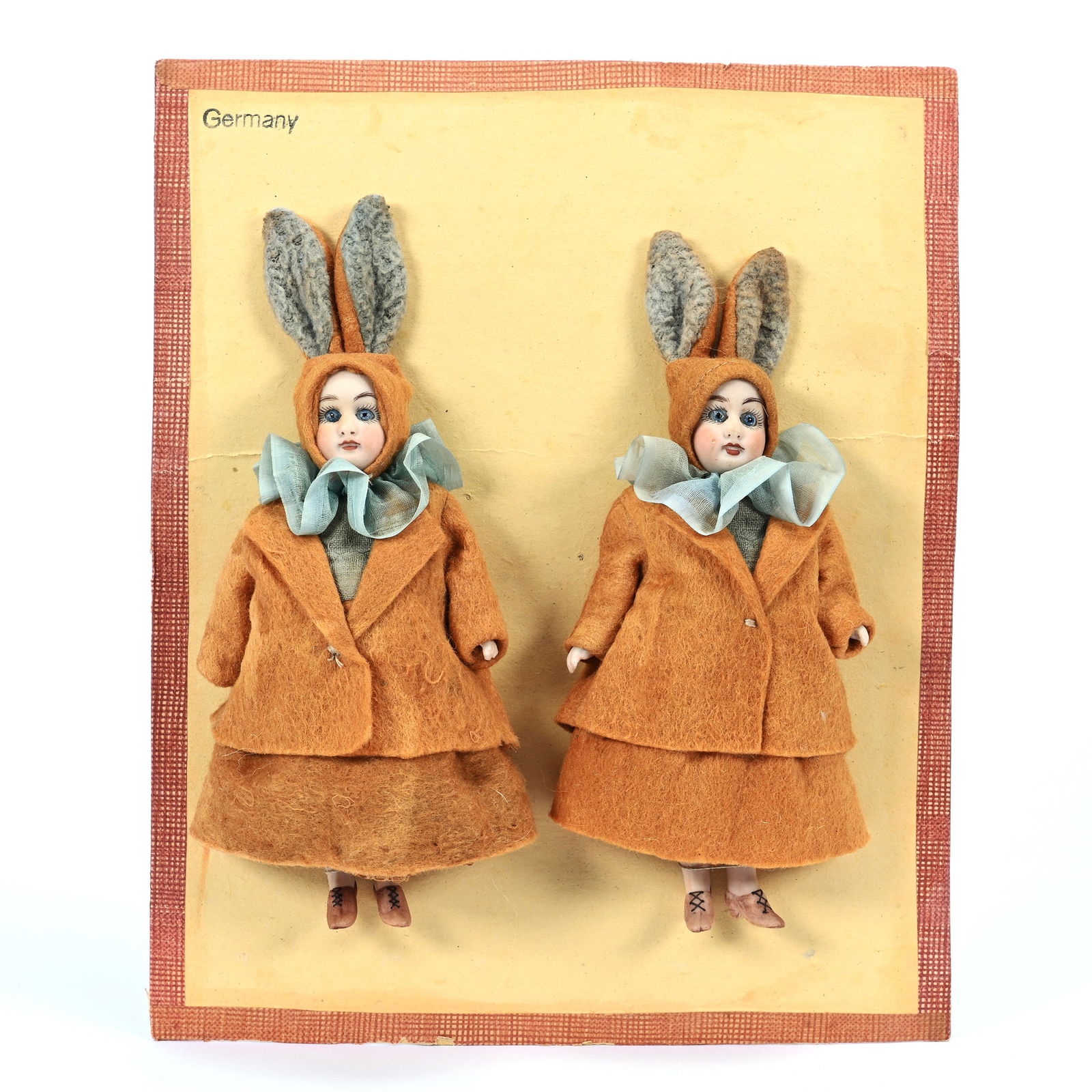 Pair German Bisque Dolls Wearing Original Winter Rabbit Outfits (1 of 2)