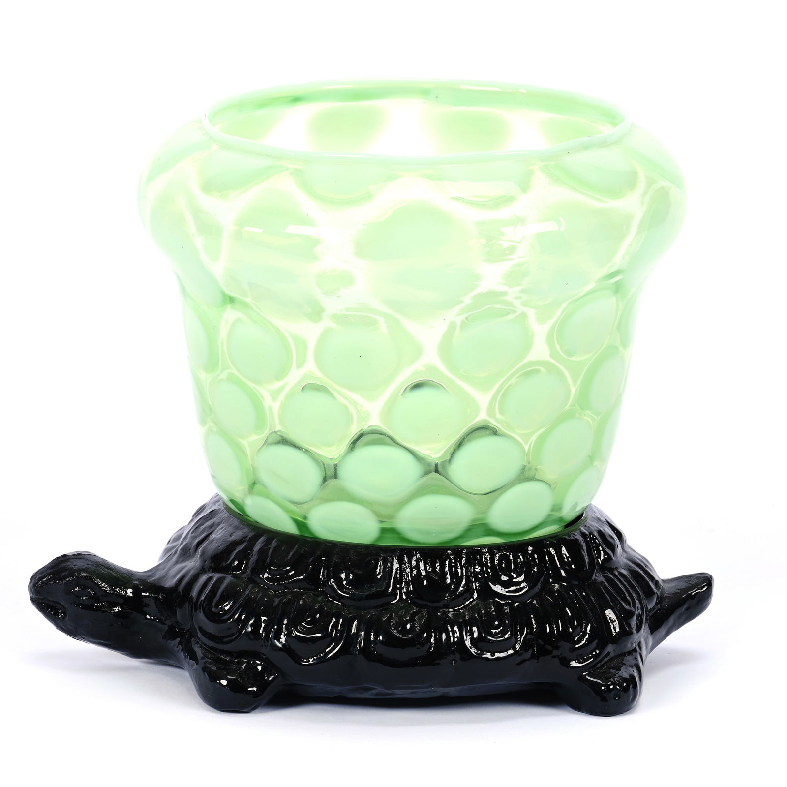Aquarium, Two Part, By Fenton, Green Opalescent Coinspot Bowl Set On Black Amethyst Turtle Base (1 of 4)