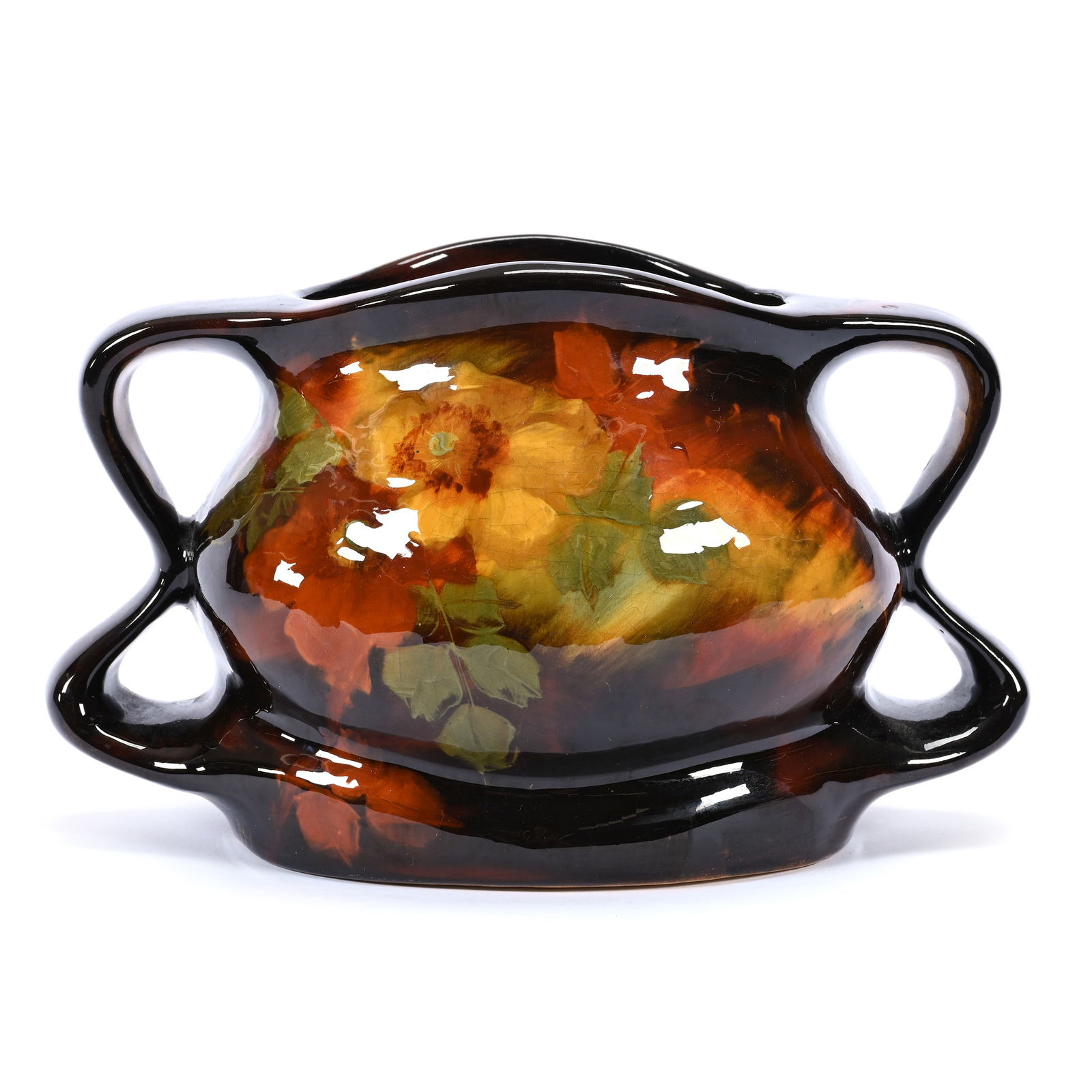 Vase Marked Aurelian Weller Art Pottery, Dark Brown, Yellow Floral Decor (1 of 3)