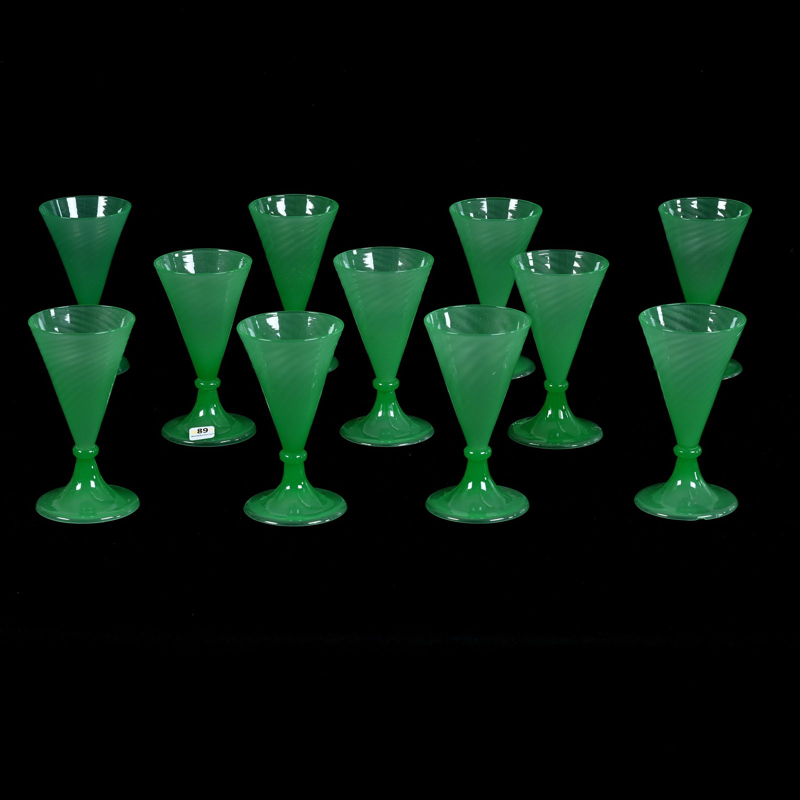 (11) Goblets, Green Jade Art Glass By Steuben, Shape #6220: (11) Goblets, Green Jade Art Glass By Steuben, Shape #6220, 6.25" x 3.25", Four Goblets Have Base Rim Chips, Nevada Private Collection.