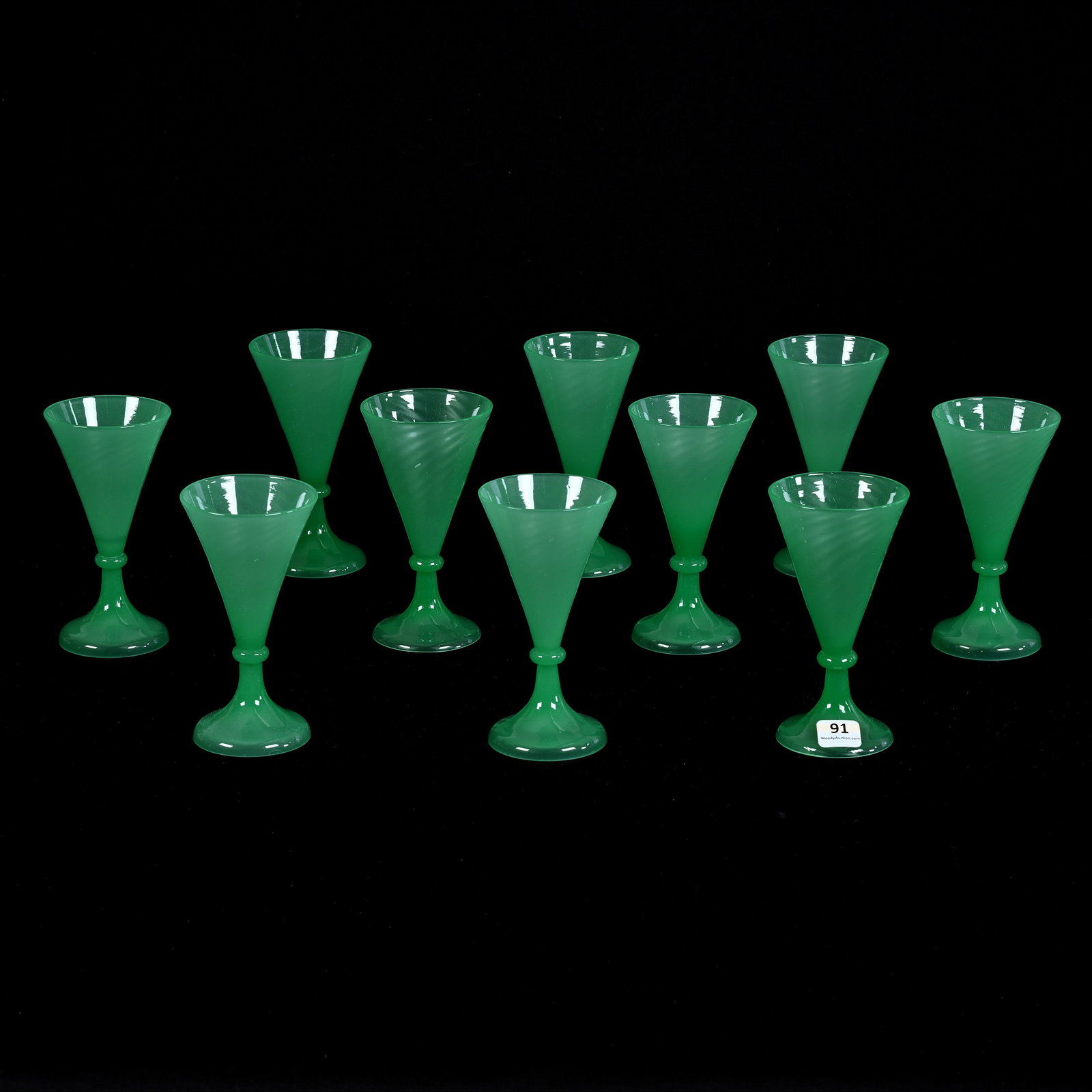 (10) Wine Stems, Green Jade Art Glass By Steuben, Shape #6220: (10) Wine Stems, Green Jade Art Glass By Steuben, Shape #6220, 5.25" x 2.75", Nice Set, Nevada Private Collection.