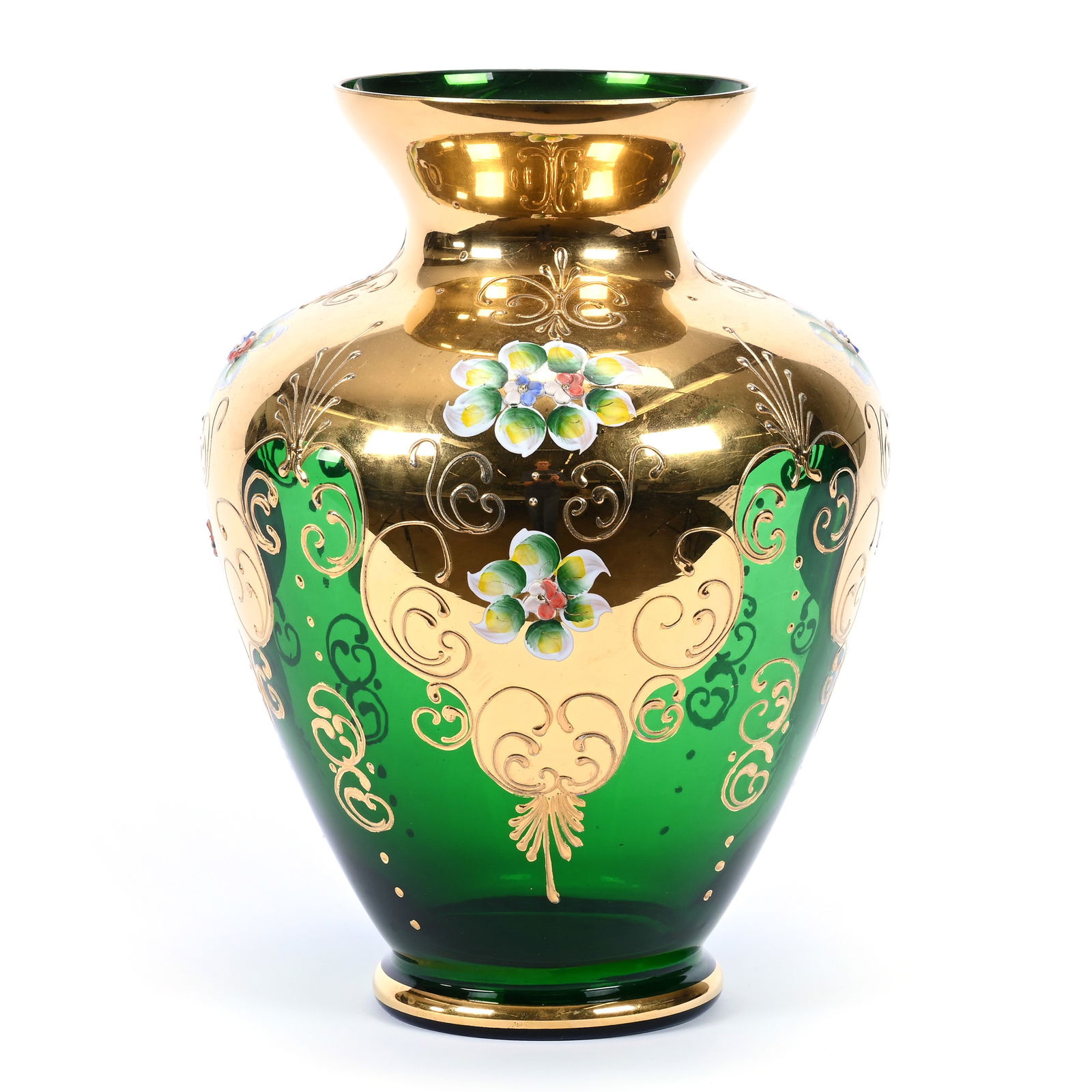 Vase, Emerald Green Italian Art Glass, Heavy Gold With Applied Floral Highlights (1 of 3)