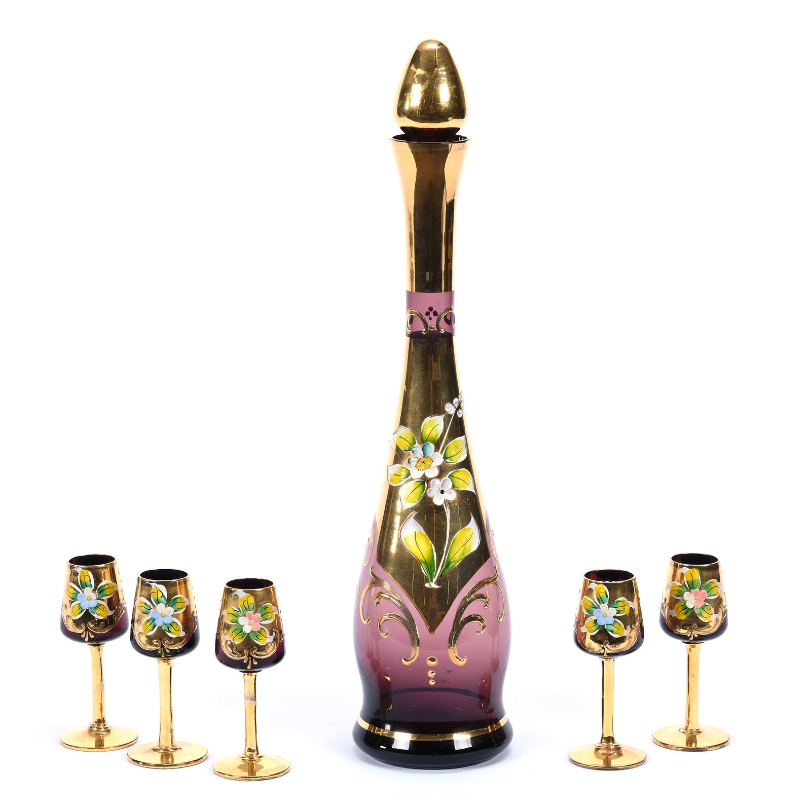 Liqueur Set, Amethyst Italian Art Glass, Heavy Gold And Applied Floral Design (1 of 3)