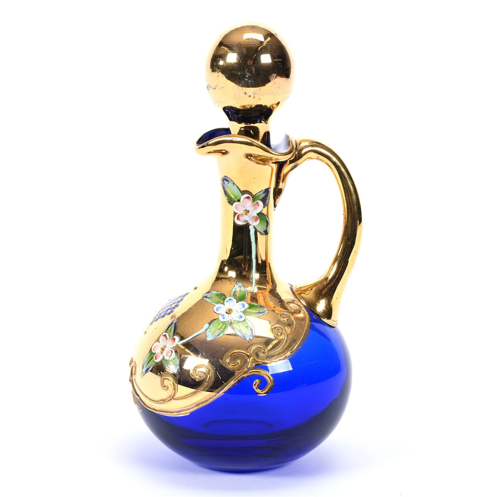 Cruet Bottle, Cobalt Blue Italian Art Glass, Heavy Gold And Applied Floral Decor (1 of 3)