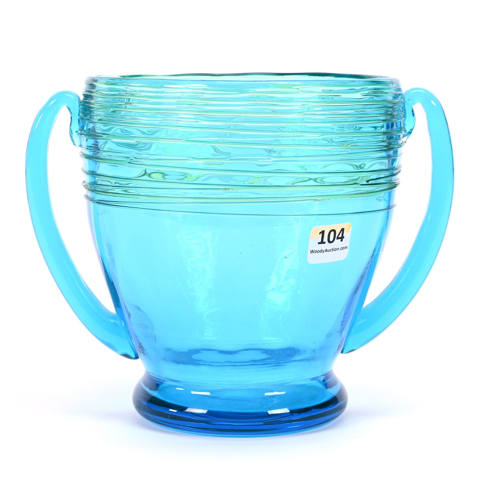 Ice Tub/Bowl By Steuben Art Glass, Transparent Persian Blue, Bristol Yellow Applied Threading (1 of 3)