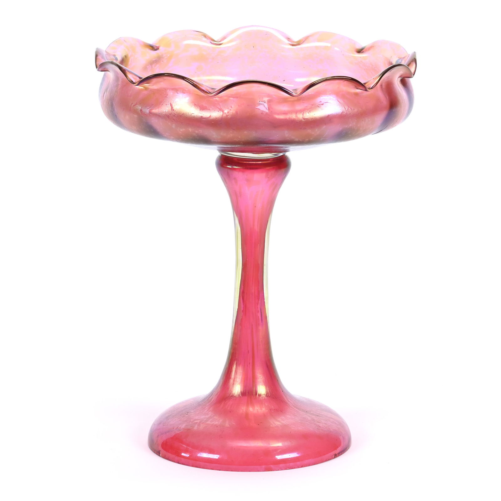 Compote, Iridescent Cased Cranberry Art Glass, Green Oil Spot Highlights (1 of 3)