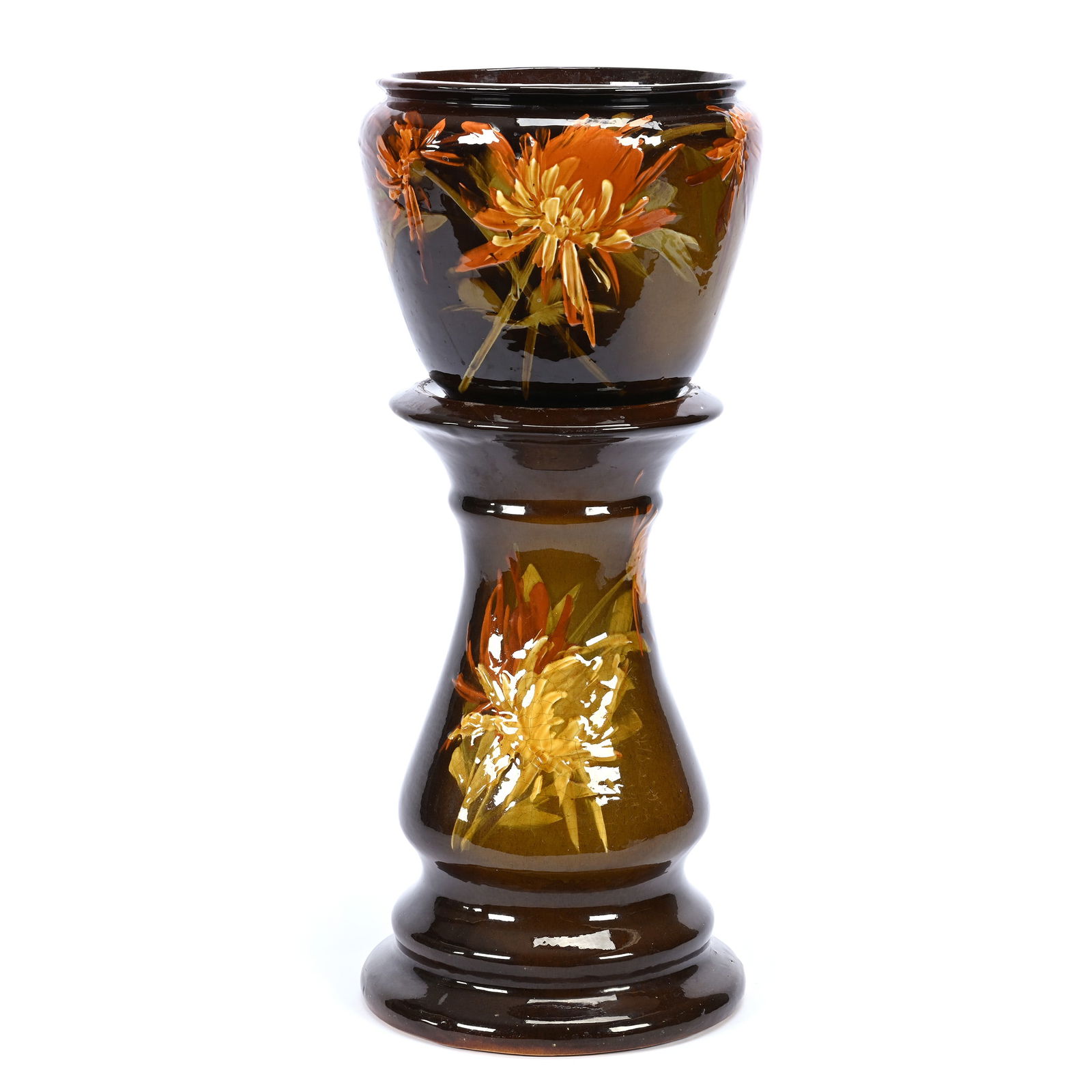 Jardiniere & Pedestal, Unmarked Art Pottery, Brown Tones, Yellow & Orange Floral Decor (1 of 3)