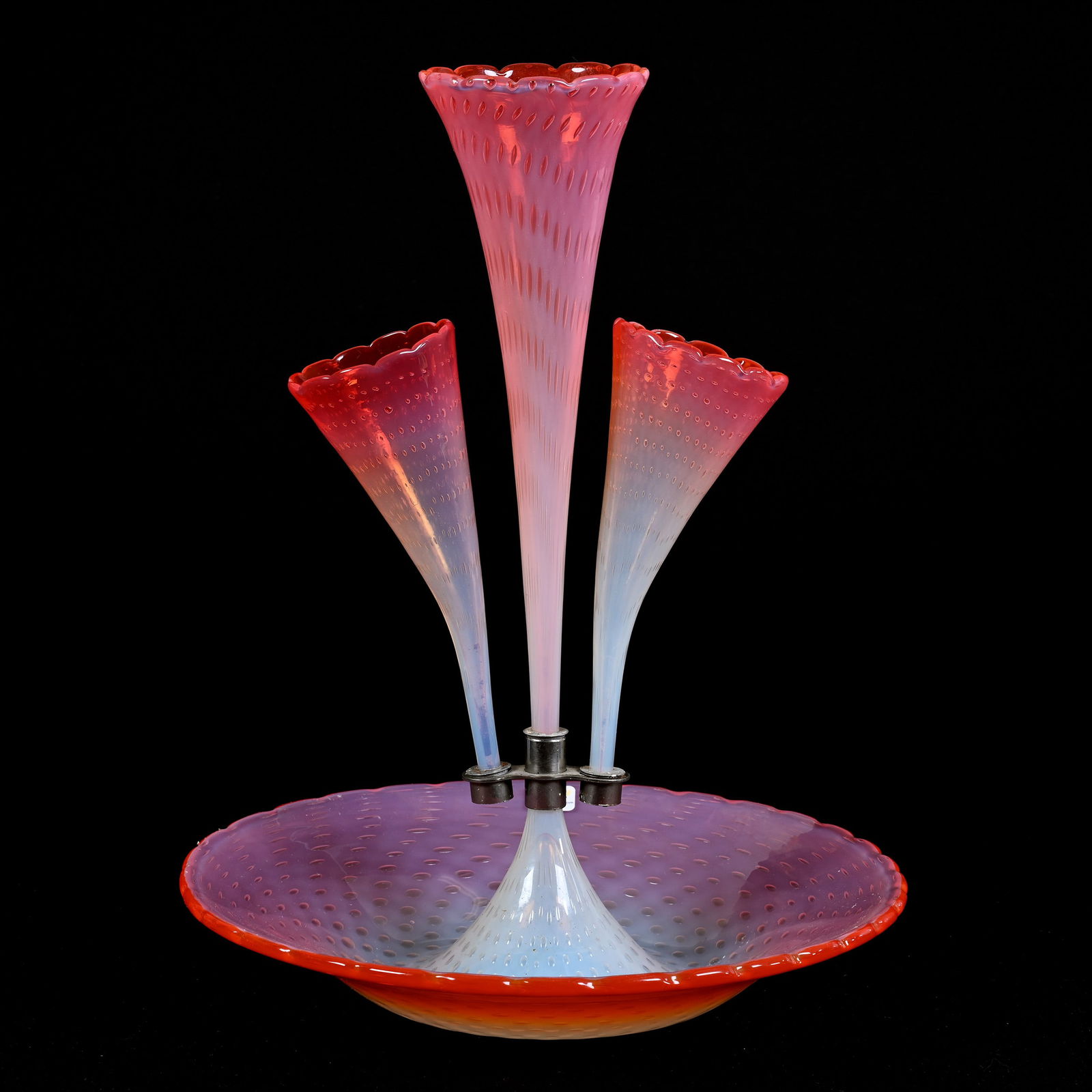 Epergne, Three Lily, Italian Art Glass, Orange Shading To Clear Opalescent (1 of 3)