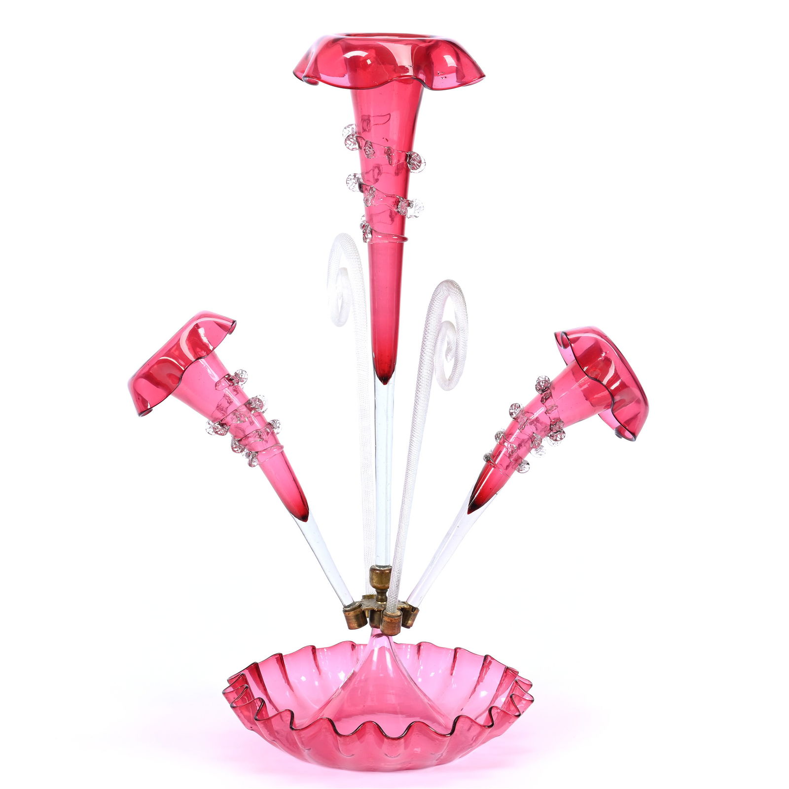 Epergne, Three Lily, Cased Cranberry Art Glass, Two Clear Side Canes (1 of 5)