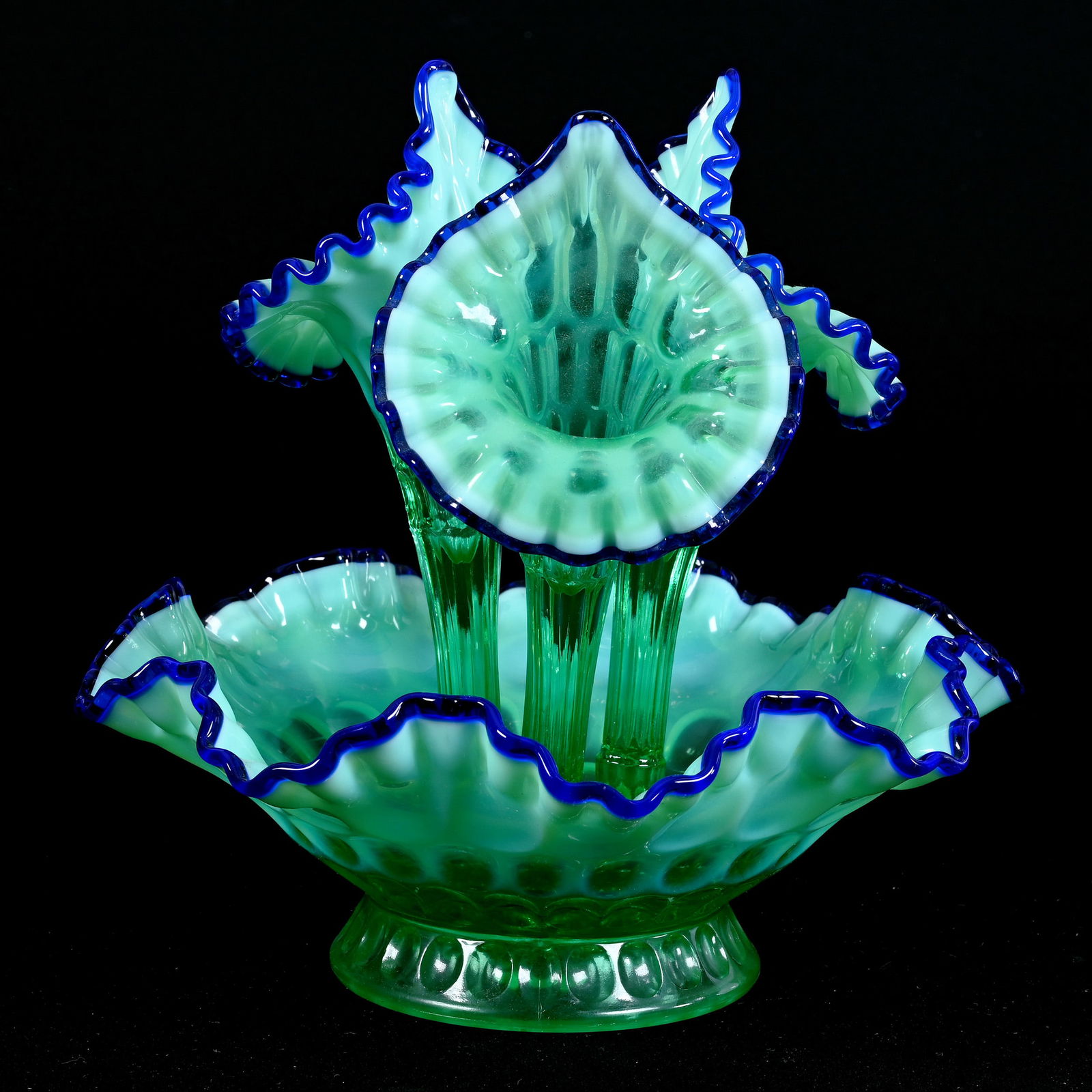 Epergne, Three Lily, Green Opalescent Art Glass, Cobalt Blue Trim, Attributed To Fenton (1 of 4)