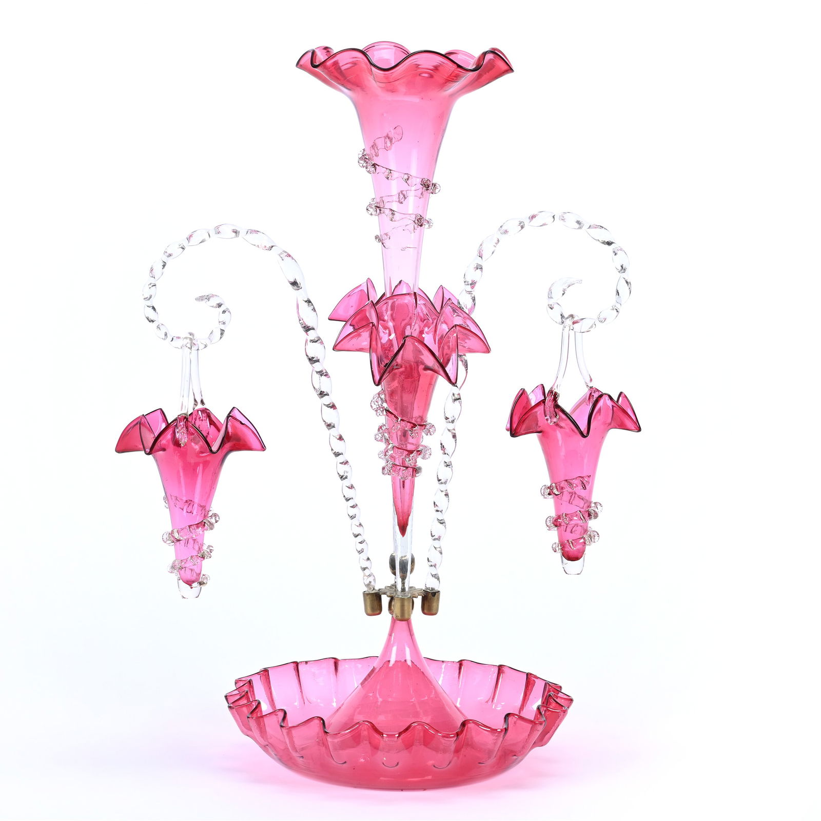 Epergne, Three Lily, Two Clear Canes With Hanging Baskets, Cased Cranberry Art Glass (1 of 5)