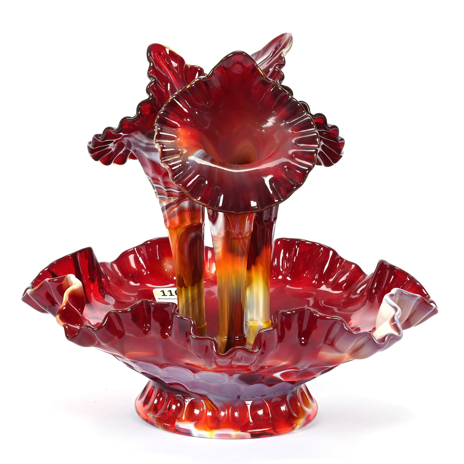 Epergne, Three Lily, Red Slag, Attributed To Fenton: Epergne, Three Lily, Red Slag, Attributed To Fenton, 9" x 10.5", Collection Of The Late Bunny Koppelman Whose Epergne Collection Was Featured In The Elegant Epergne.