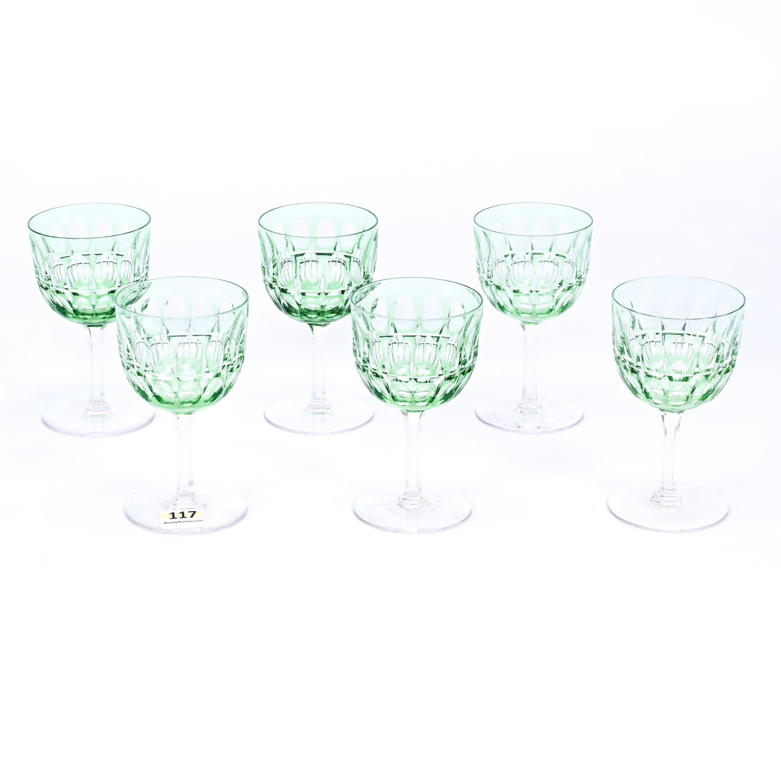 (6) Wine Stems, American Brilliant Cut Glass, Green Cut To Clear: (6) Wine Stems, American Brilliant Cut Glass, Green Cut To Clear, 4.5" x 2.625", Punty And Miter Motif, Uncut Foot, California Private Collection.