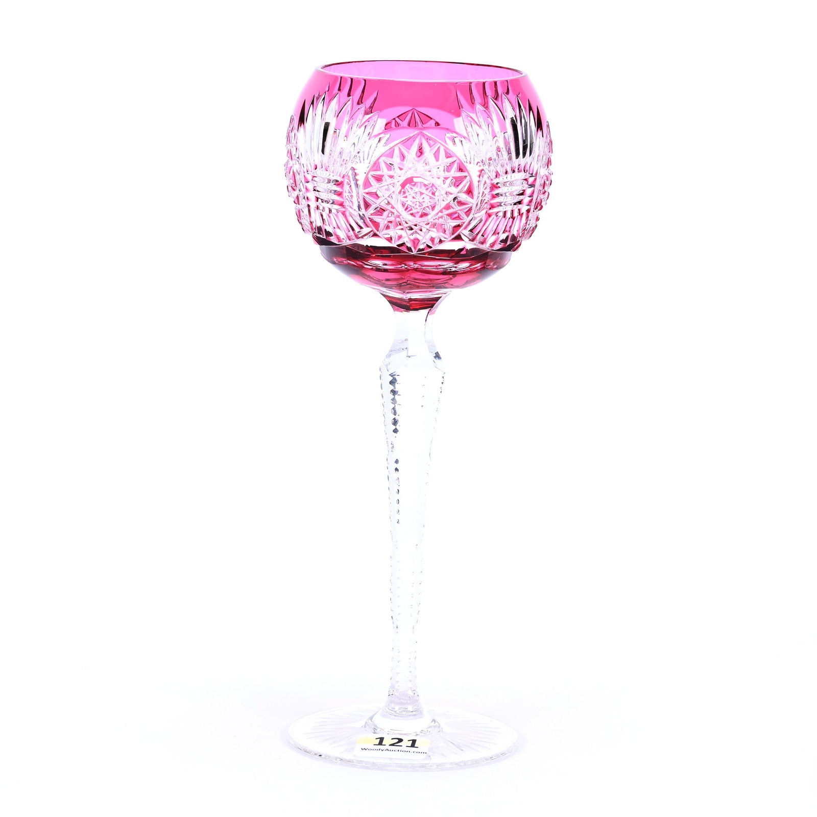 Wine Stem, Brilliant Period Cut Glass, Cranberry Cut To Clear: Wine Stem, Brilliant Period Cut Glass, Cranberry Cut To Clear, 8.25" x 3.25", Hobstar, Vesica And Miter Motif, Solid Notched Stem, Ray Cut Foot, California Private Collection.
