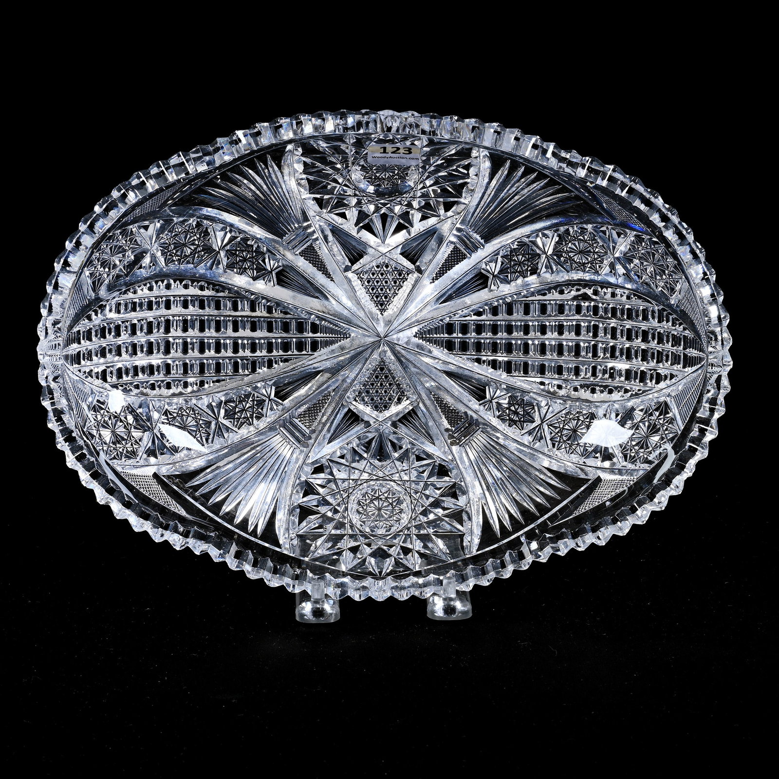 Oval Bread Bowl, American Brilliant Cut Glass: Oval Bread Bowl, American Brilliant Cut Glass, 11.75" x 8.5", Hobstar, Vesica, Prism, Nailhead Diamond, Strawberry Diamond And Fan Motif, Outside Rim Tooth Chip, Paul A. Davis Collection, Arizona.