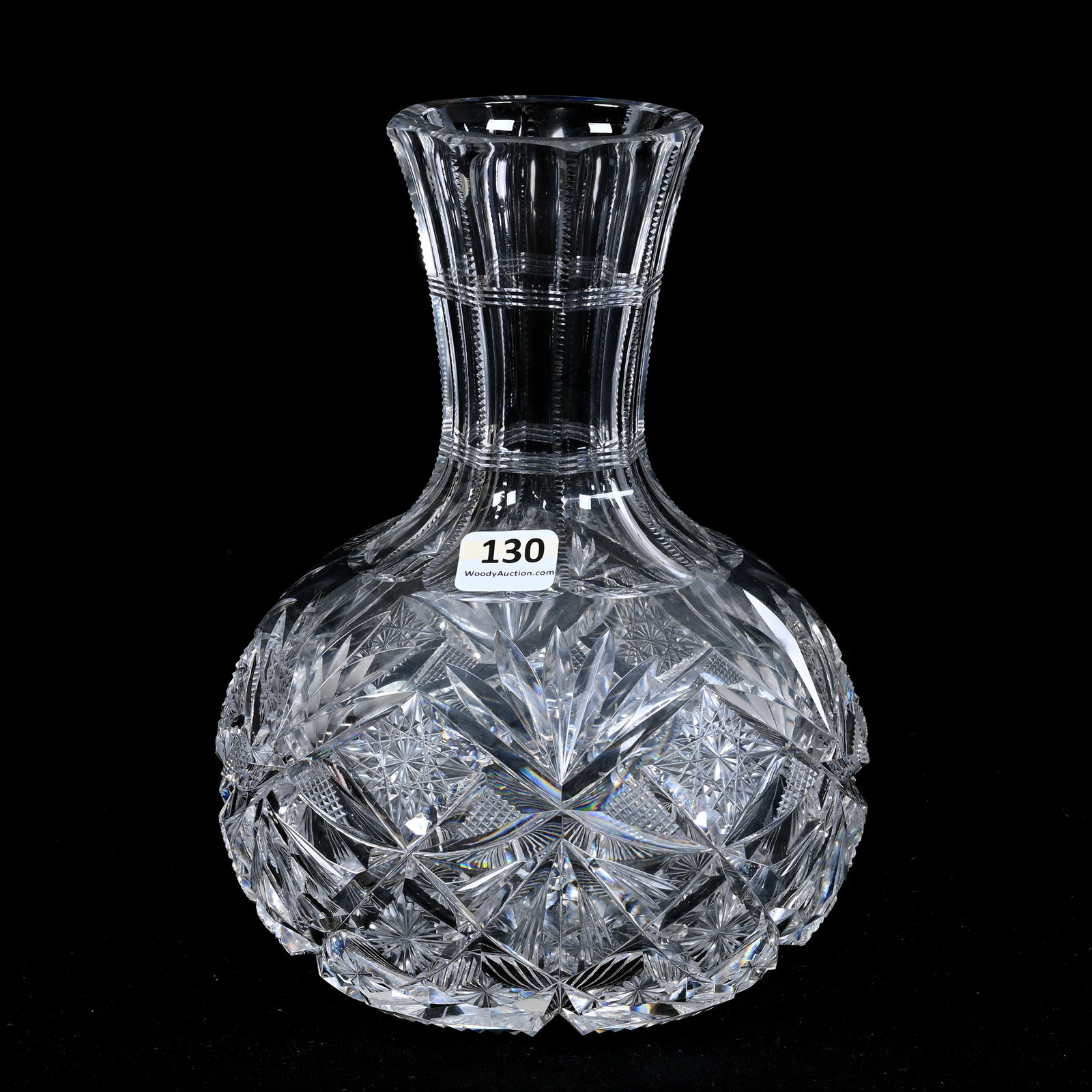 Water Carafe, American Brilliant Cut Glass, Hobstar, Star, Strawberry Diamond And Fan Motif: Water Carafe, American Brilliant Cut Glass, Hobstar, Star, Strawberry Diamond And Fan Motif, 8" x 5.75", Deeply Cut, Paul A. Davis Collection, Arizona.