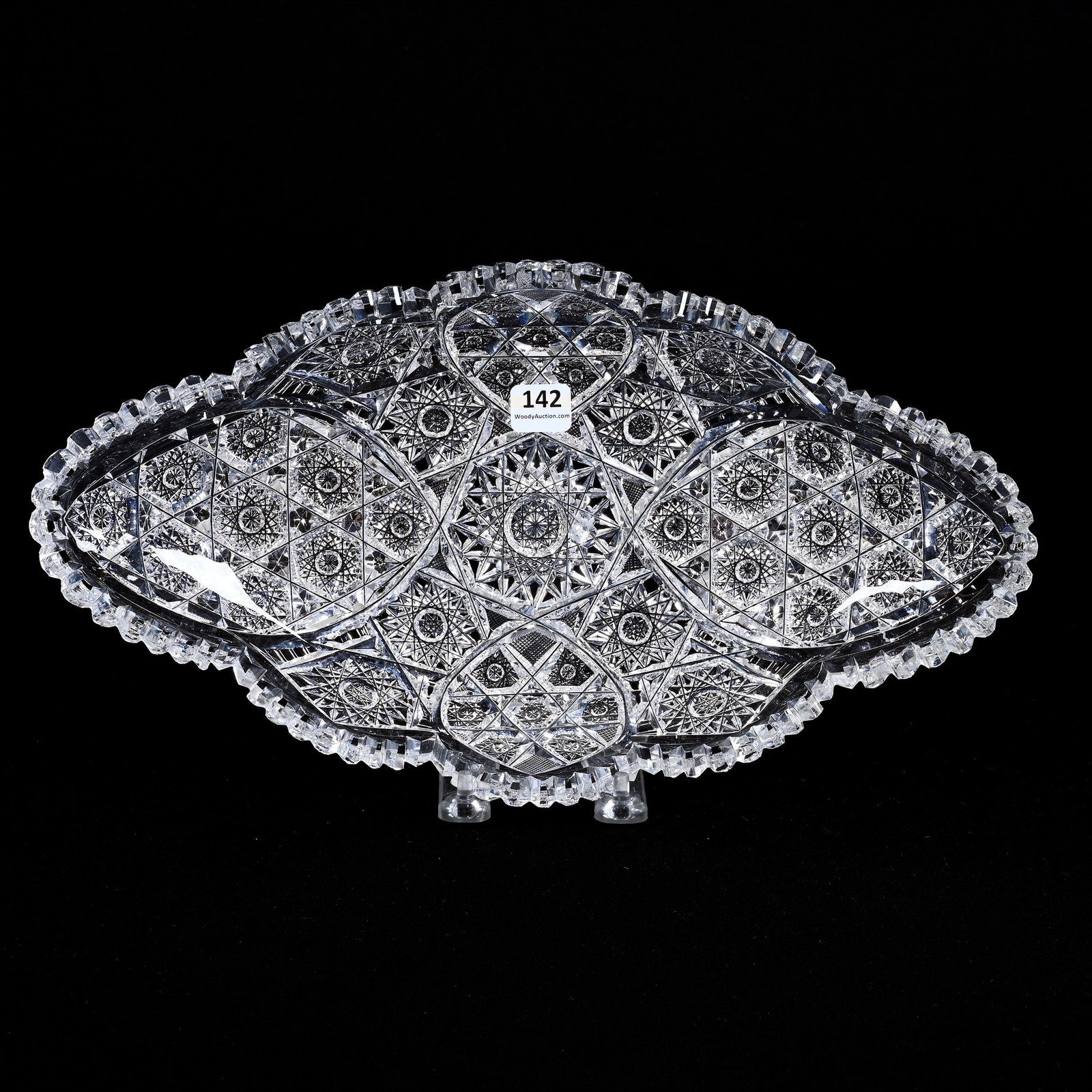 Ice Cream Tray, American Brilliant Cut Glass: Ice Cream Tray, American Brilliant Cut Glass, 14" x 7.75", Hobstar Cluster Motif, Clear Blank, Tooth Chip, Paul A. Davis Collection, Arizona.