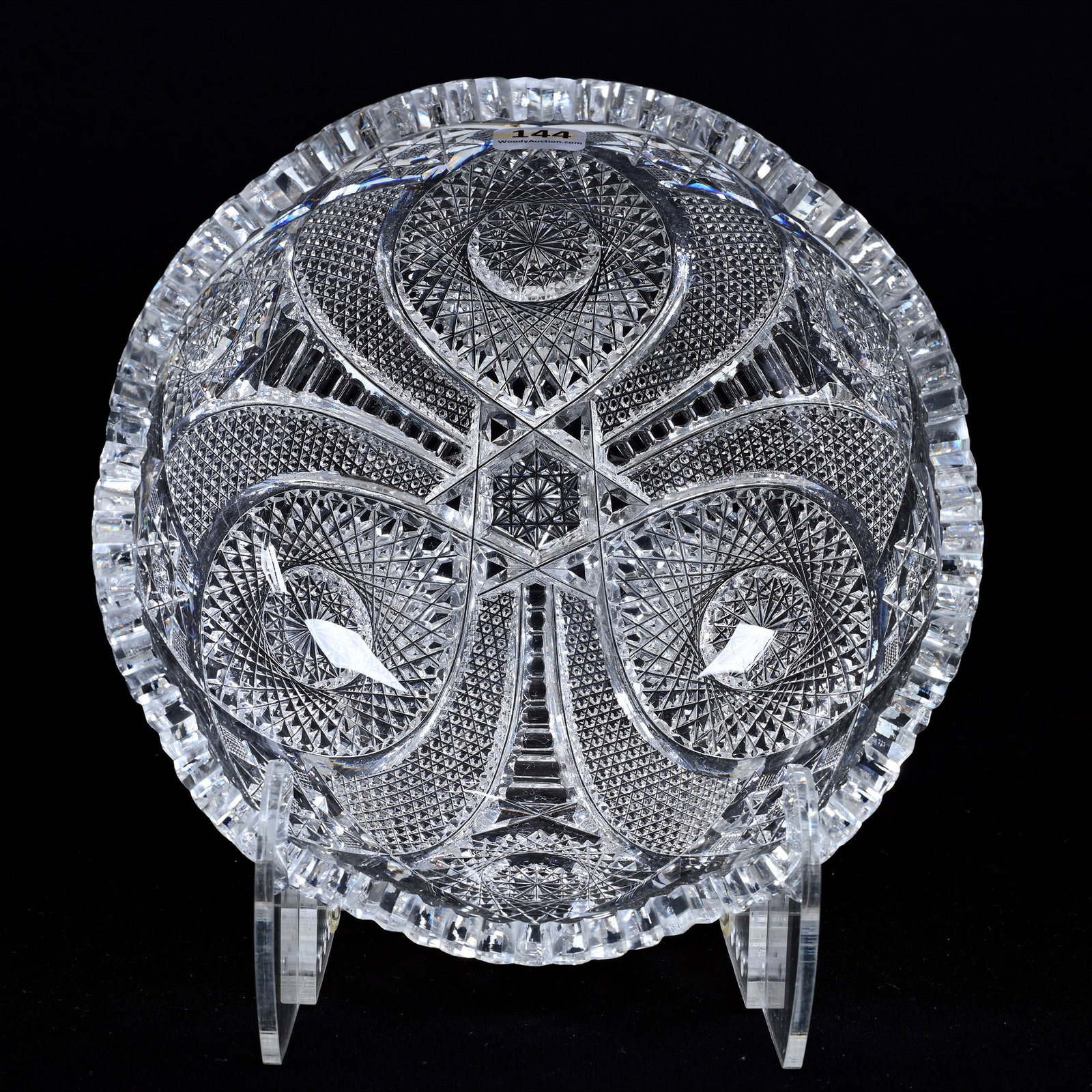 Bowl, American Brilliant Cut Glass, Signed Clark, Pontiac Pattern: Bowl, American Brilliant Cut Glass, Signed Clark, Pontiac Pattern, 3.5" x 8.25", Three Sections Of Hobstar, Vesica, Nailhead Diamond And Strawberry Diamond Motif, Paul A. Davis Collection, Arizona. UP