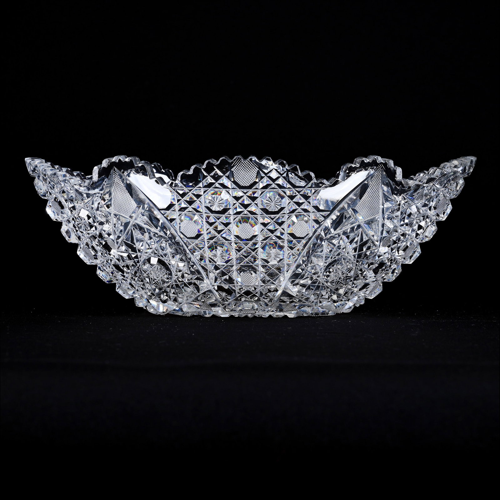 Banana Bowl, American Brilliant Cut Glass: Banana Bowl, American Brilliant Cut Glass, 4" x 11.5" x 7.75", Hobstar And Harvard Motif, Paul A. Davis Collection, Arizona.