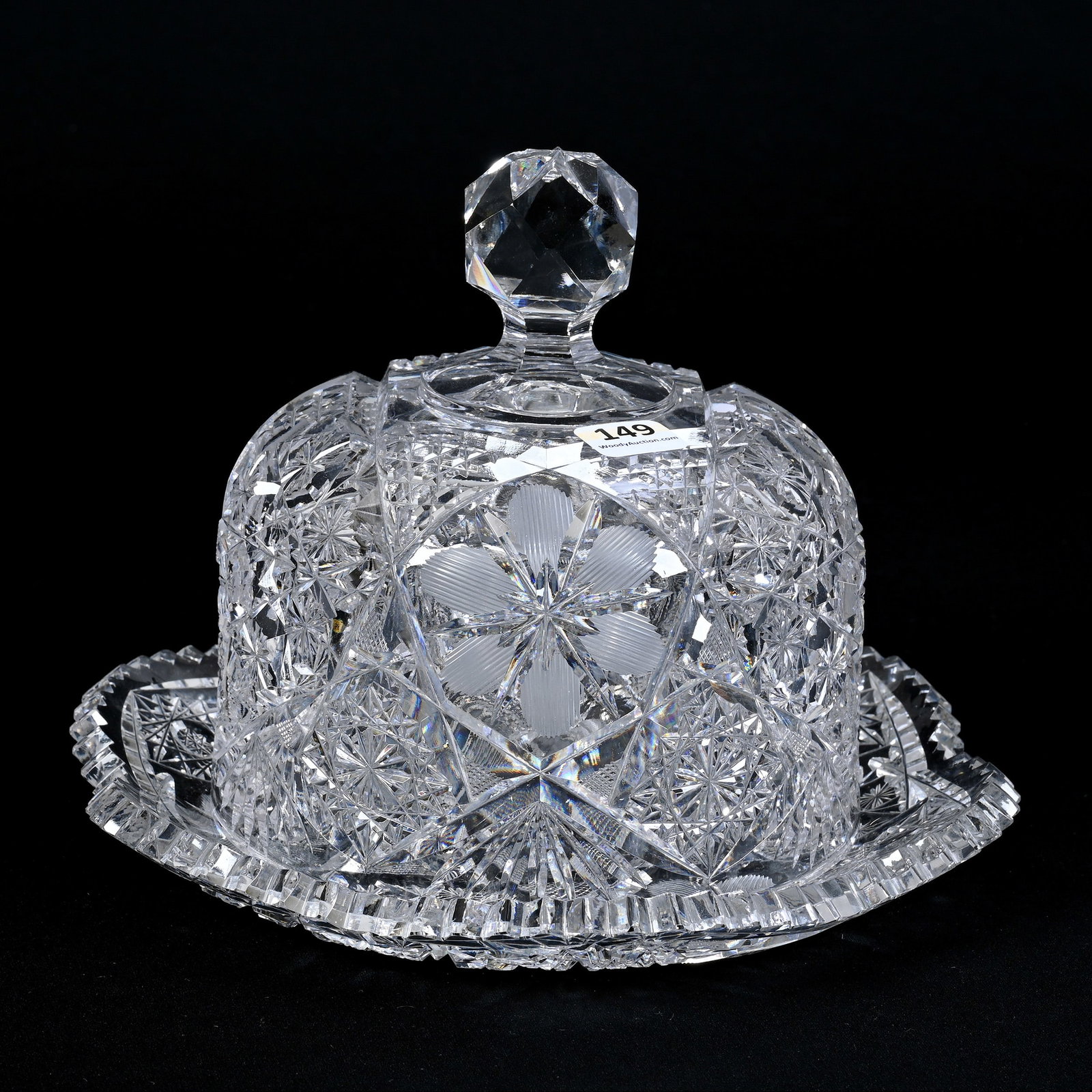 Covered Cheese Dish, American Brilliant Cut Glass: Covered Cheese Dish, American Brilliant Cut Glass, 6.75" x 9", Hobstar, Star Cluster, Nailhead Diamond, Strawberry Diamond And Fan Motif, Engraved Floral Highlights, Finial Bruise, Paul A. Davis Colle