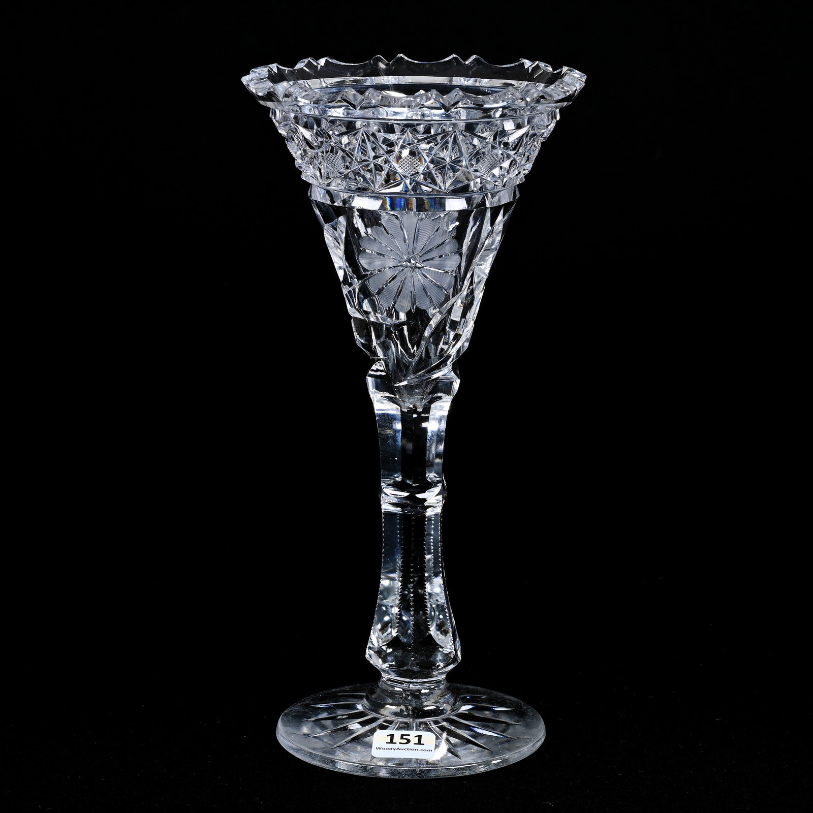 Trumpet Vase, American Brilliant Cut Glass, Engraved Floral And Geometric Hobstar Border: Trumpet Vase, American Brilliant Cut Glass, Engraved Floral And Geometric Hobstar Border, 9.75" x 4.75", Ray Cut Foot, Paul A. Davis Collection, Arizona.