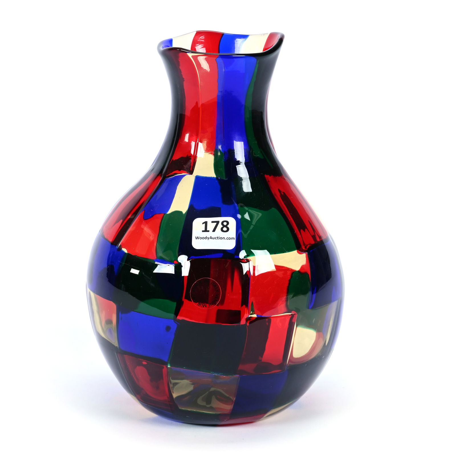 Pezzato Vase, Venini Murano Art Glass, Artist Signed Fulvio Bianconi, Multi-Color Patchwork Design (1 of 4)