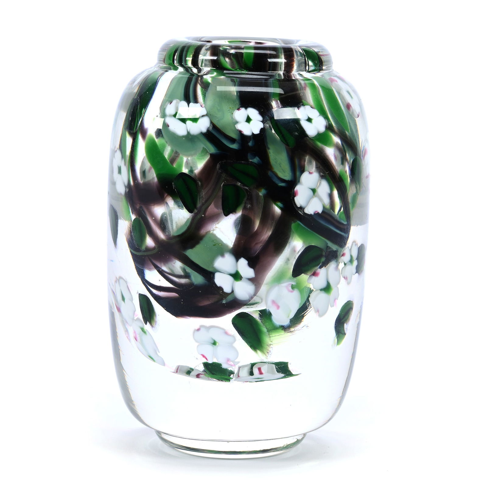 Paperweight Vase Signed "BCG" (Brittania Creek Glass) By Rob Knottenbelt, Dated 2003: Paperweight Vase Signed "BCG" (Brittania Creek Glass) By Rob Knottenbelt, Dated 2003, 4.75" x 2.75", Clear With Amethyst And Green, White Blossom Decor, Willa (Billie) Harrington Collection.