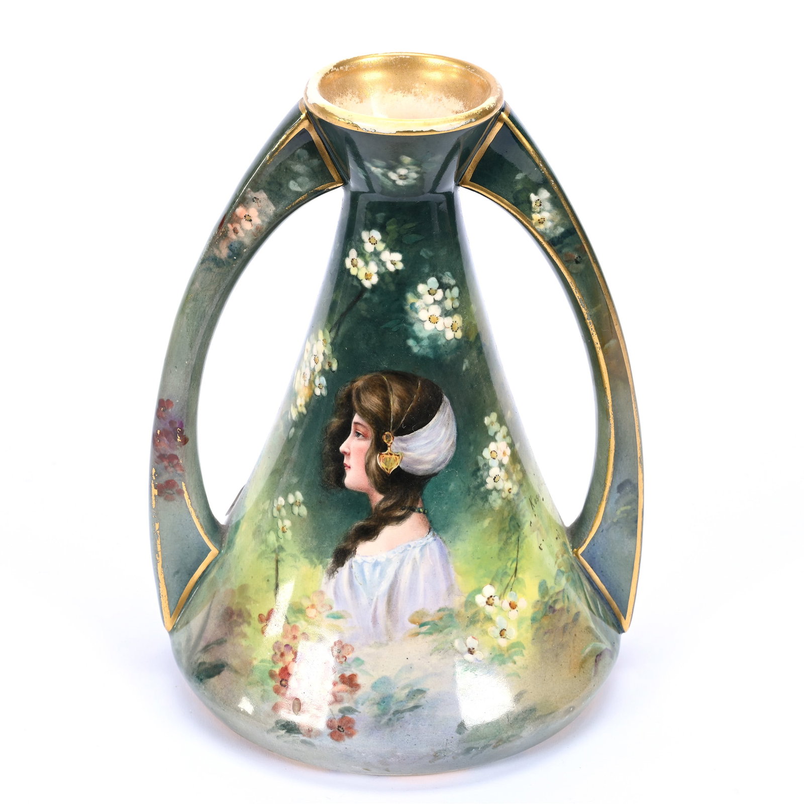 Vase, Two Handles, Marked Royal Bonn Porcelain: Vase, Two Handles, Marked Royal Bonn Porcelain, 8.5" x 6.5", Green Tones With Portrait Of Young Woman, Some Wear To Gold Edges, Ray Callander Collection.