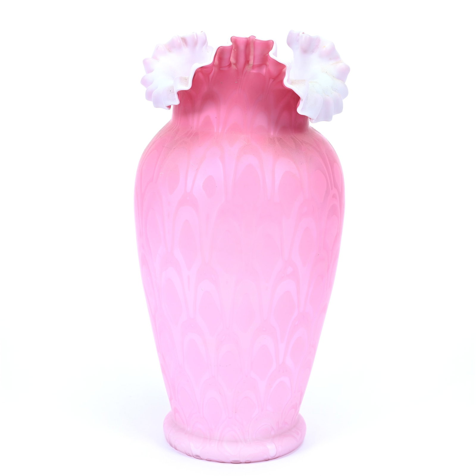 Vase, Pink Satin Mop Peacock Eye Pattern: Vase, Pink Satin MOP Peacock Eye Pattern, 11.5" x 5.5", Ruffled Rim, Ray Callander Collection.