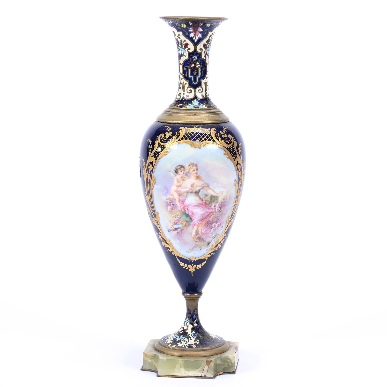 Vase, Unmarked Sevres Porcelain With Colorful Enamel Brass Fittings, Marble Base (1 of 3)