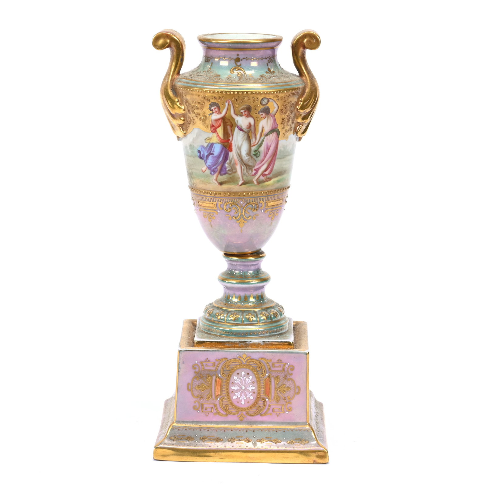 Pedestal Urn, Royal Vienna Beehive Mark: Pedestal Urn, Royal Vienna Beehive Mark, 10.5" x 4.5", Pink And Green Iridescence, Classic Scene Of Cherub And Children, Heavy Gold Highlights, Ray Callander Collection.