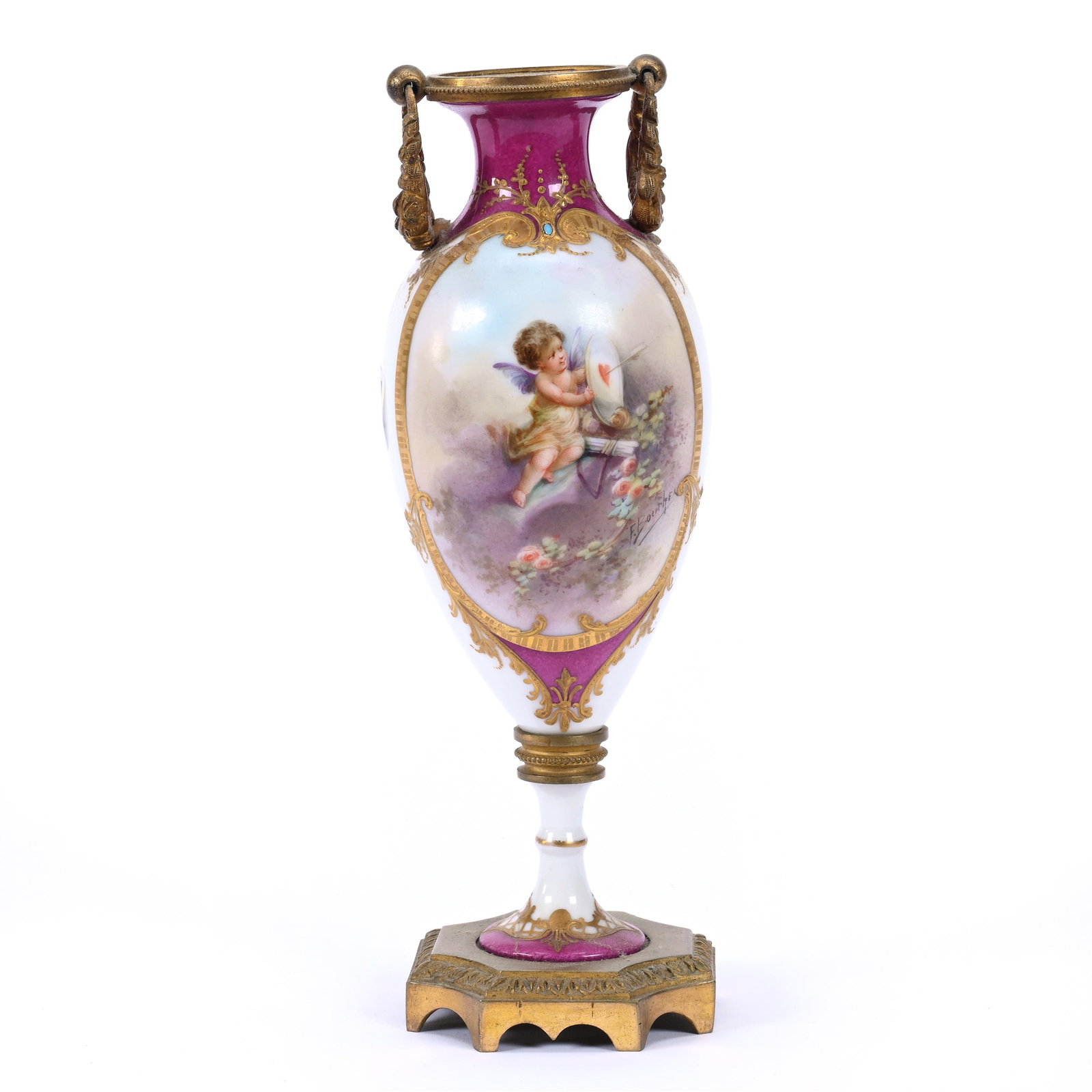 Pedestal Urn, Unmarked Sevres Porcelain: Pedestal Urn, Unmarked Sevres Porcelain, 8.5" x 2.75", Pink And White Tones, Cherub Hand Painted Scenic Decor, Gilt Metal Fittings, No Lid, Ray Callander Collection.