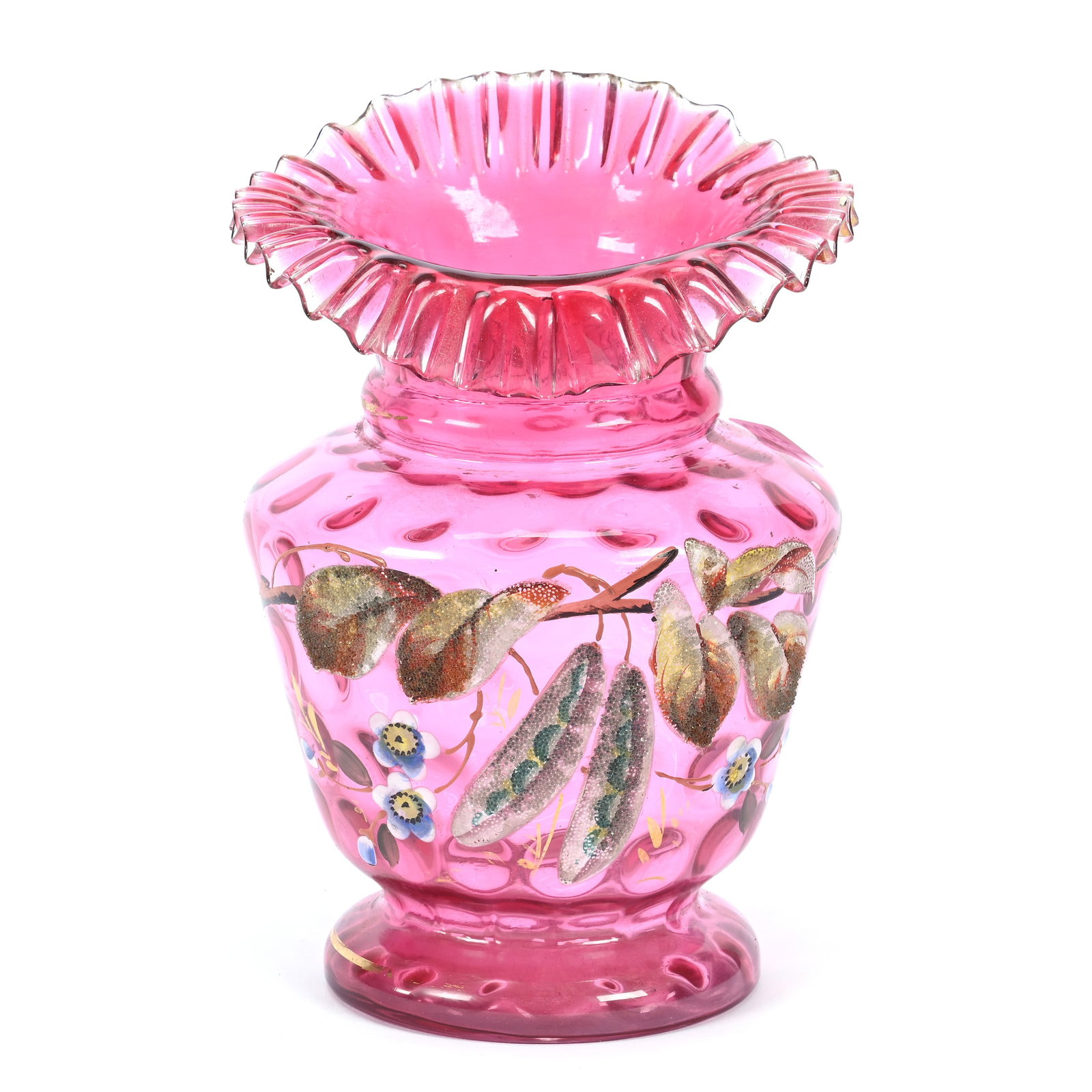 Vase, Cranberry Art Glass Coinspot, Jack In Pulpit Rim: Vase, Cranberry Art Glass Coinspot, Jack In Pulpit Rim, 8" x 5", Colorful Coralene Branch And Blossom Decor, Ray Callander Collection.