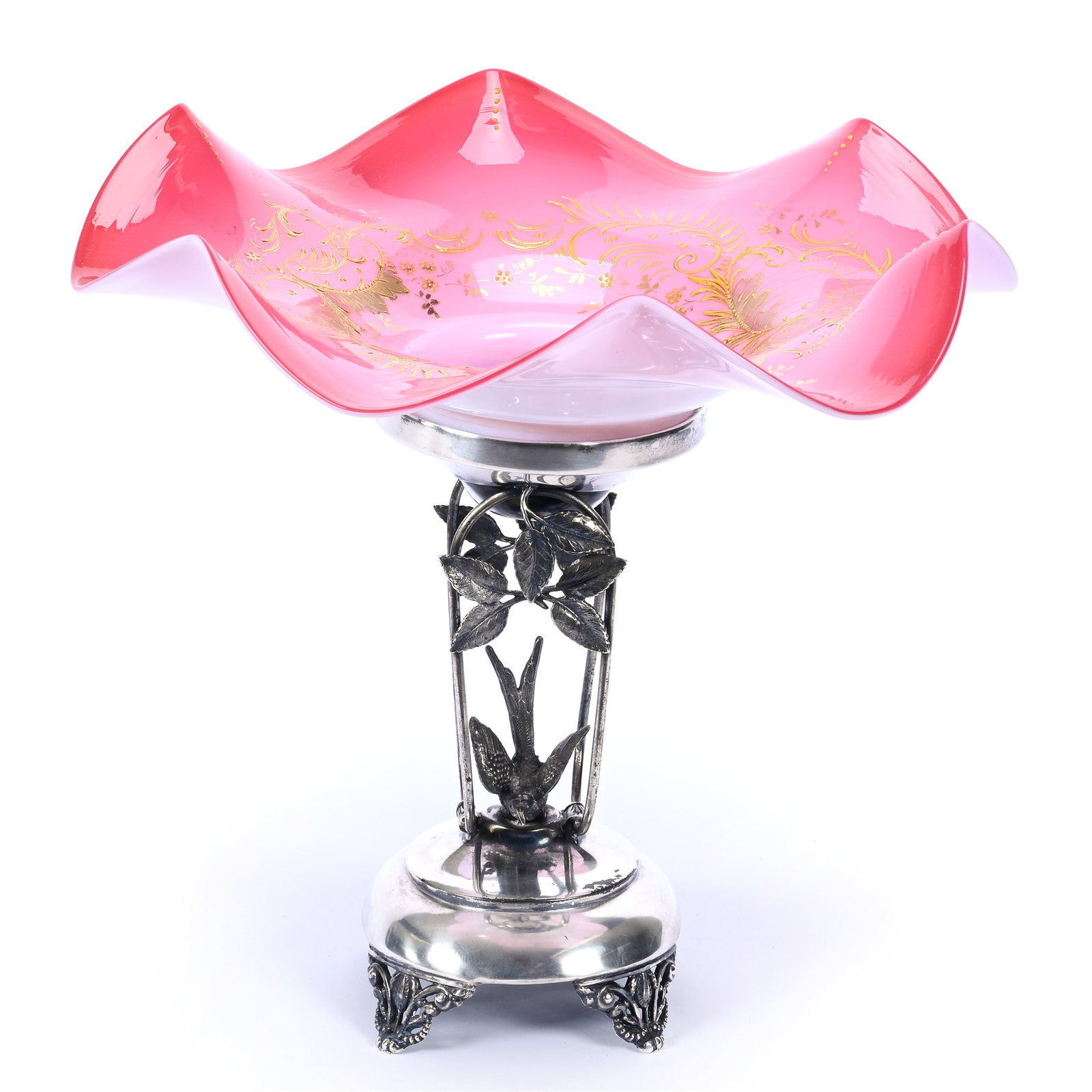Victorian Brides Basket, Cased Peachblow Art Glass Bowl, Gold Enamel Scroll Decor: Victorian Brides Basket, Cased Peachblow Art Glass Bowl, Gold Enamel Scroll Decor, 12" x 12.75", Set On Unmarked Silverplate Stand With Hummingbird, Stand Has Stress Crack, Ray Callander Collection.