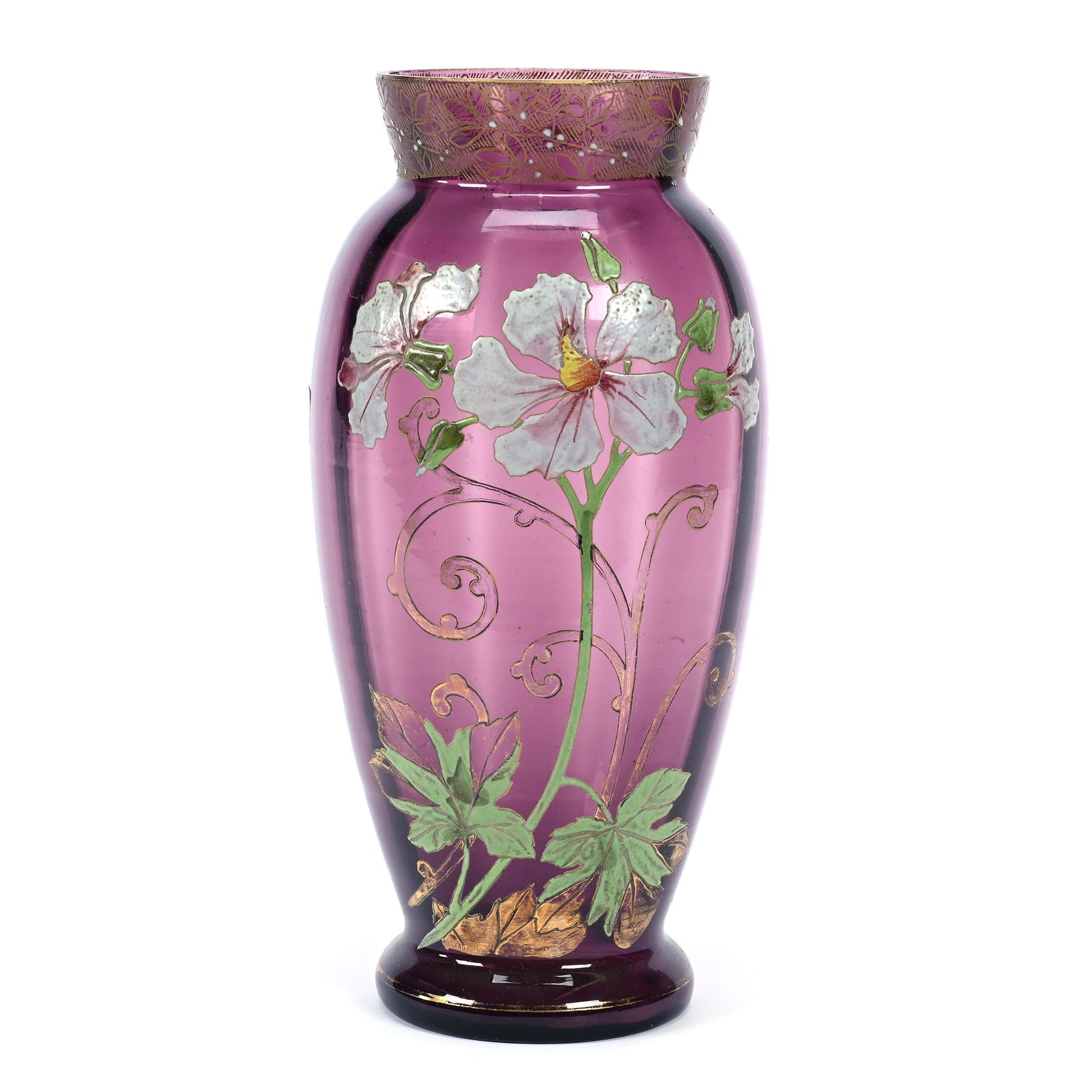 Vase, Amethyst Art Glass Attributed To Moser, Heavy Floral Decor, Gold Stencil Highlights (1 of 4)