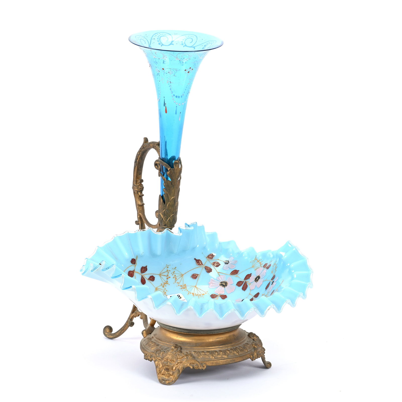 Victorian Brides Basket/Epergne, Blue Cased Art Glass Bowl, Enamel Floral Decor: Victorian Brides Basket/Epergne, Blue Cased Art Glass Bowl, Enamel Floral Decor, 15.5" x 12" x 10.5", Set On Gilt Metal Frame Holding Blue Art Glass Trumpet Vase, Ray Callander Collection.