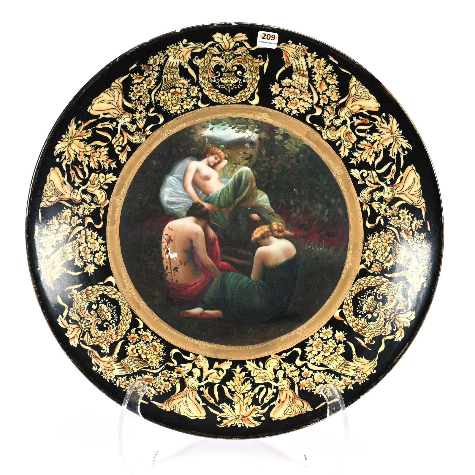 Charger, Unmarked French Porcelain, Hand Painted Scene: Charger, Unmarked French Porcelain, Hand Painted Scene, 17.75", Three Women, Black Border, Floral And Wreath Decorative Highlights, Some Light Paint Loss On Surface, Rim Chip, Ray Callander Collection