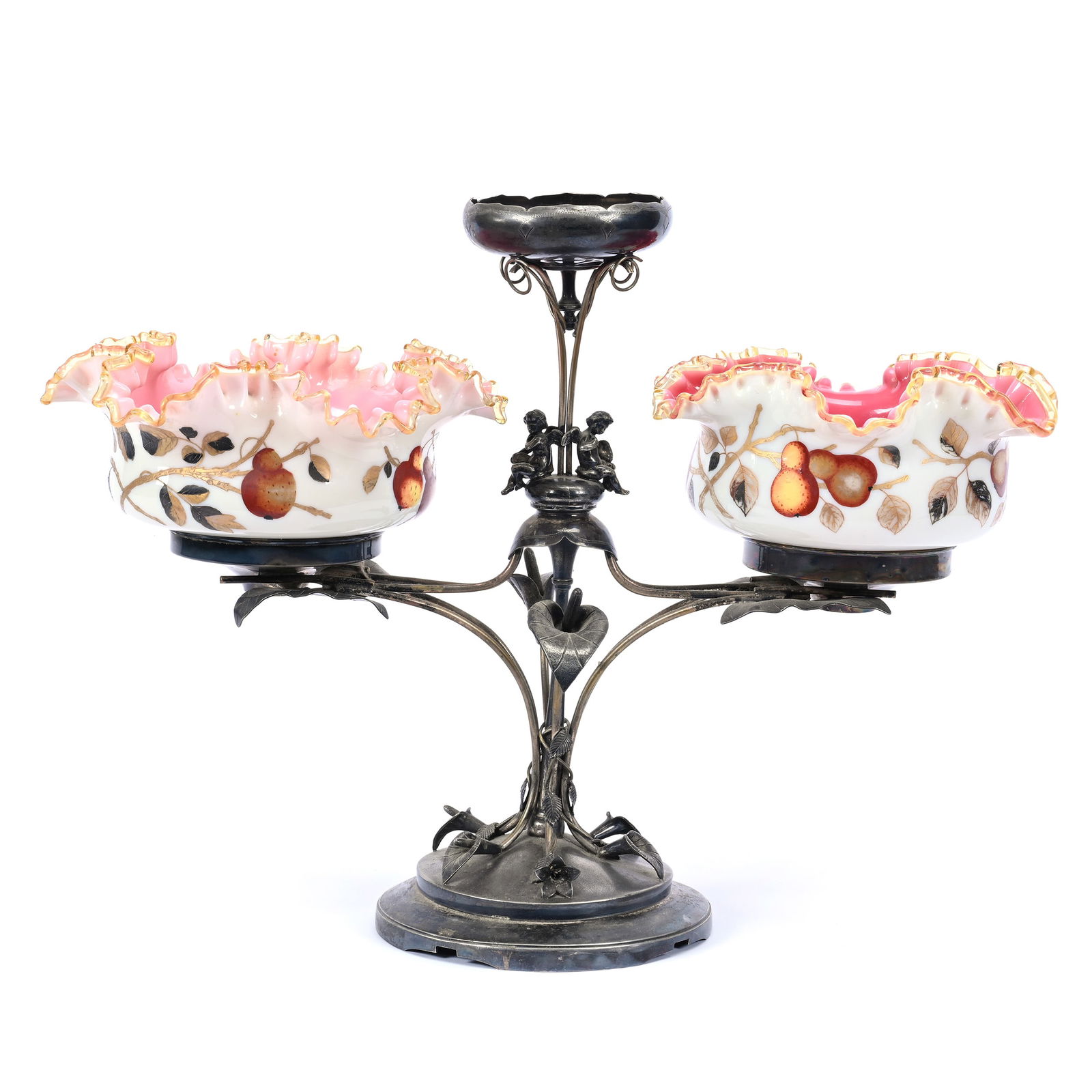 Victorian Double Brides Basket, Two White Cased Bowls, Pink Interiors, Enamel Pear & Branch Decor (1 of 5)