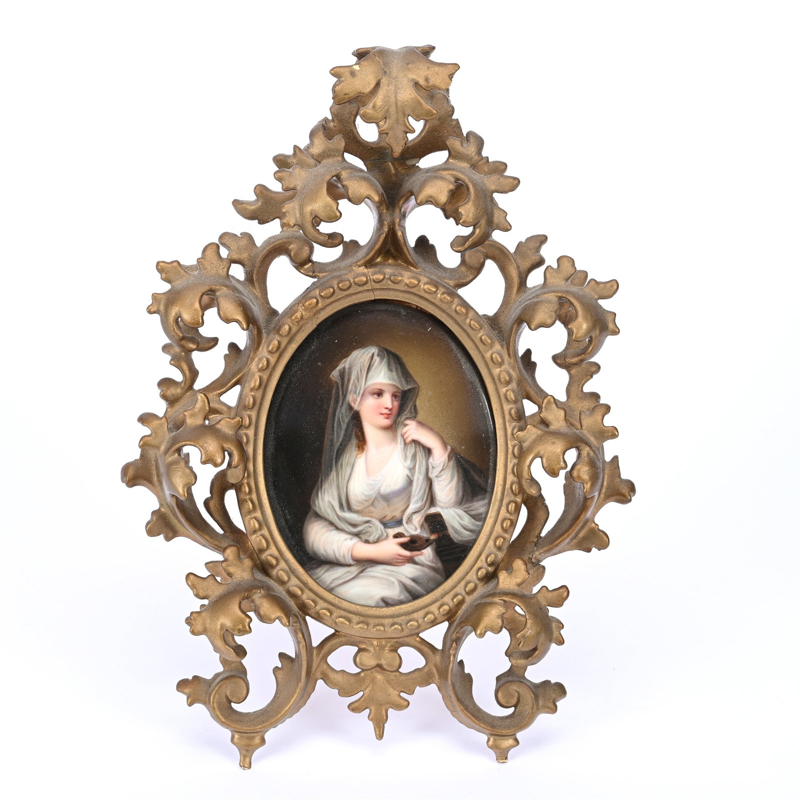 Oval Porcelain Plaque, Unmarked German, Hand Painted, Young Woman In Veil Titled "Vestalin" (1 of 4)