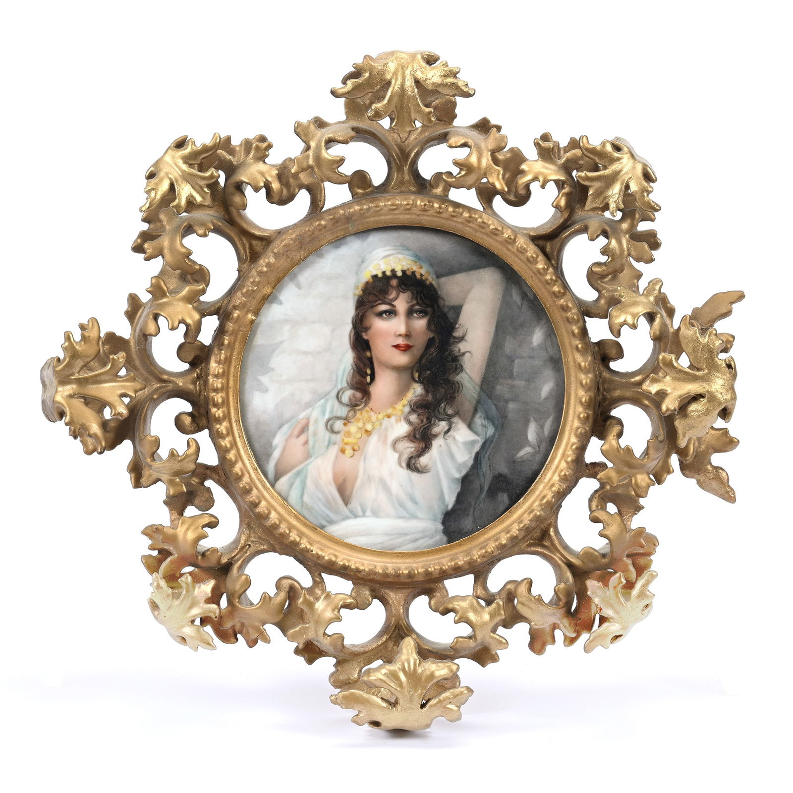 Round Porcelain Plaque, Unmarked Limoges, Hand Painted Scene Of Woman Leaning On Wall (1 of 5)