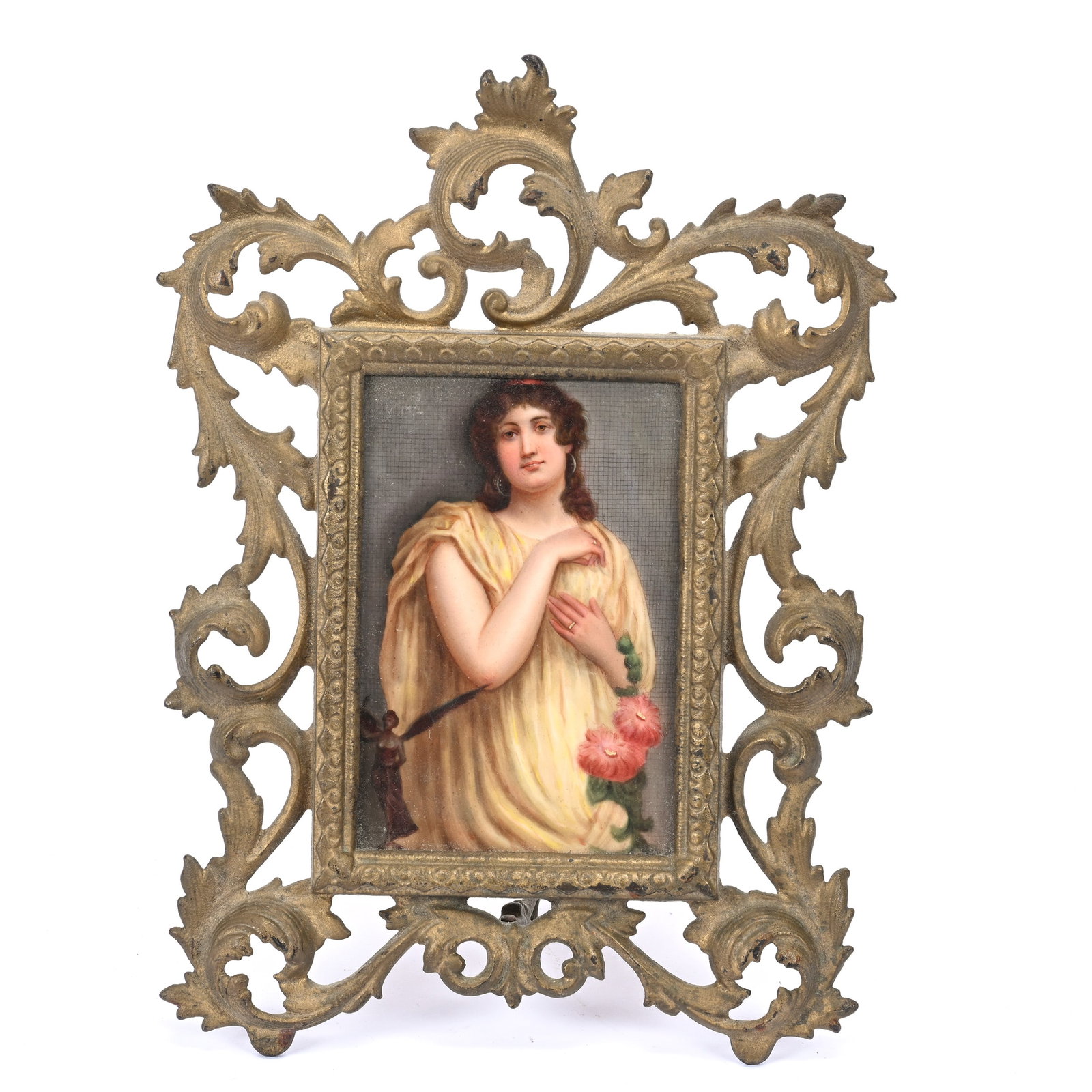 Porcelain Plaque, Unmarked German, Hand Painted Portrait Of Young Woman (1 of 2)
