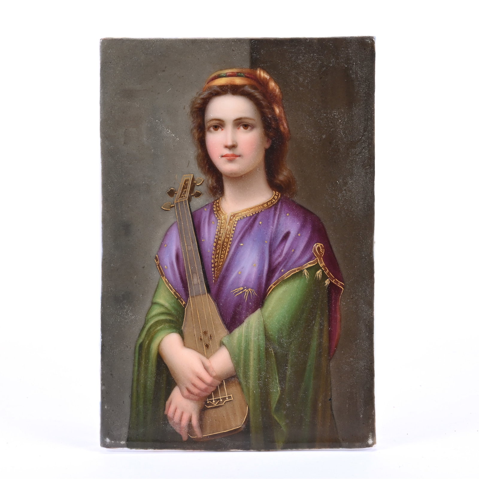 Porcelain Plaque, Unmarked French, Hand Painted Scene Of Young Woman Holding Instrument (1 of 4)