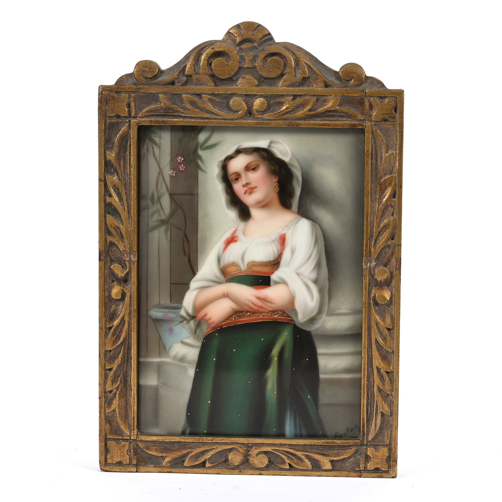 Porcelain Plaque, French, Young Woman Leaning On Column, Artist Signed: Porcelain Plaque, French, Young Woman Leaning On Column, Artist Signed, 5.5" x 4", Sealed In 8" X 5.25" Frame, Ray Callander Collection.