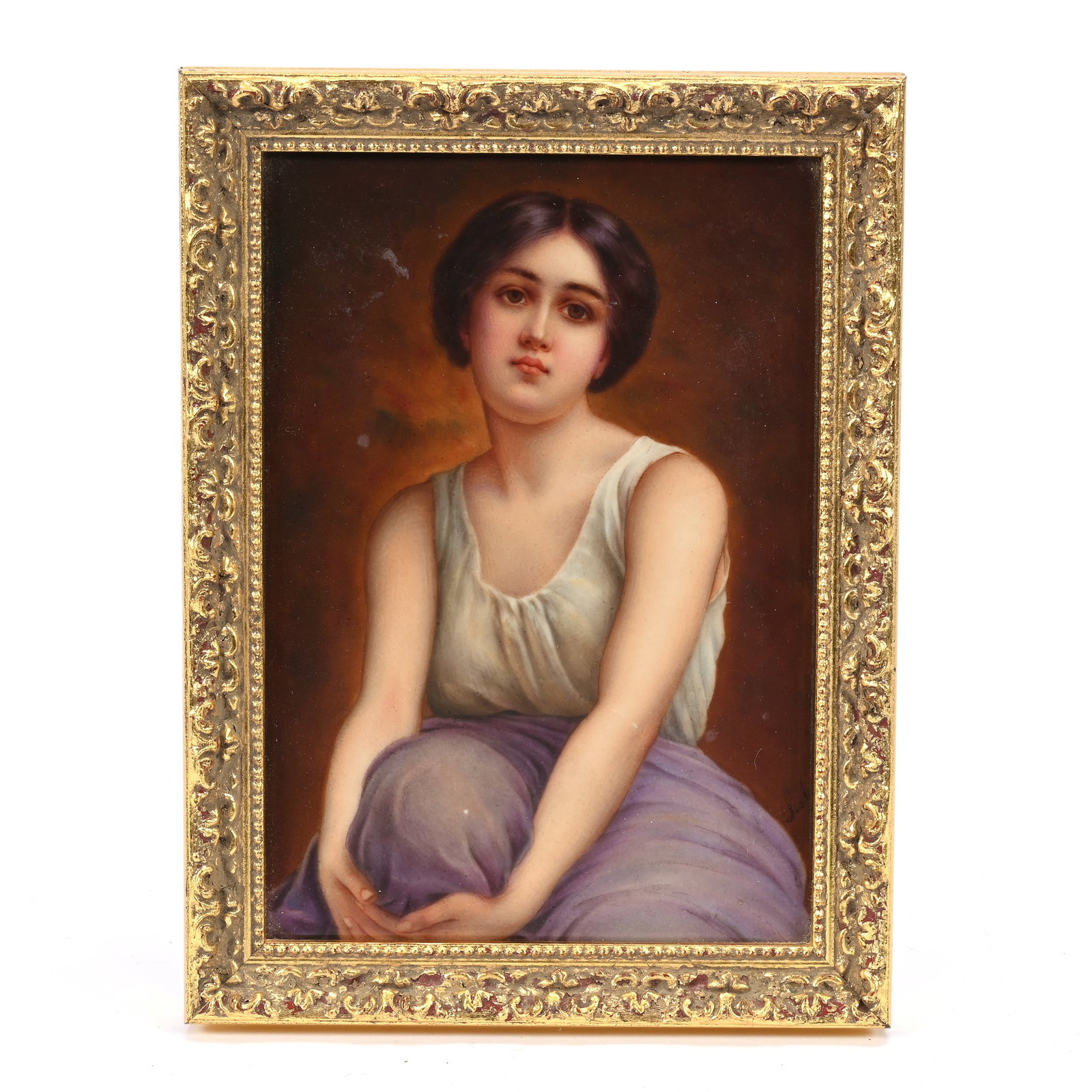 Porcelain Plaque, Limoges, Portrait Of Young Woman Seated, Artist Signed (1 of 2)