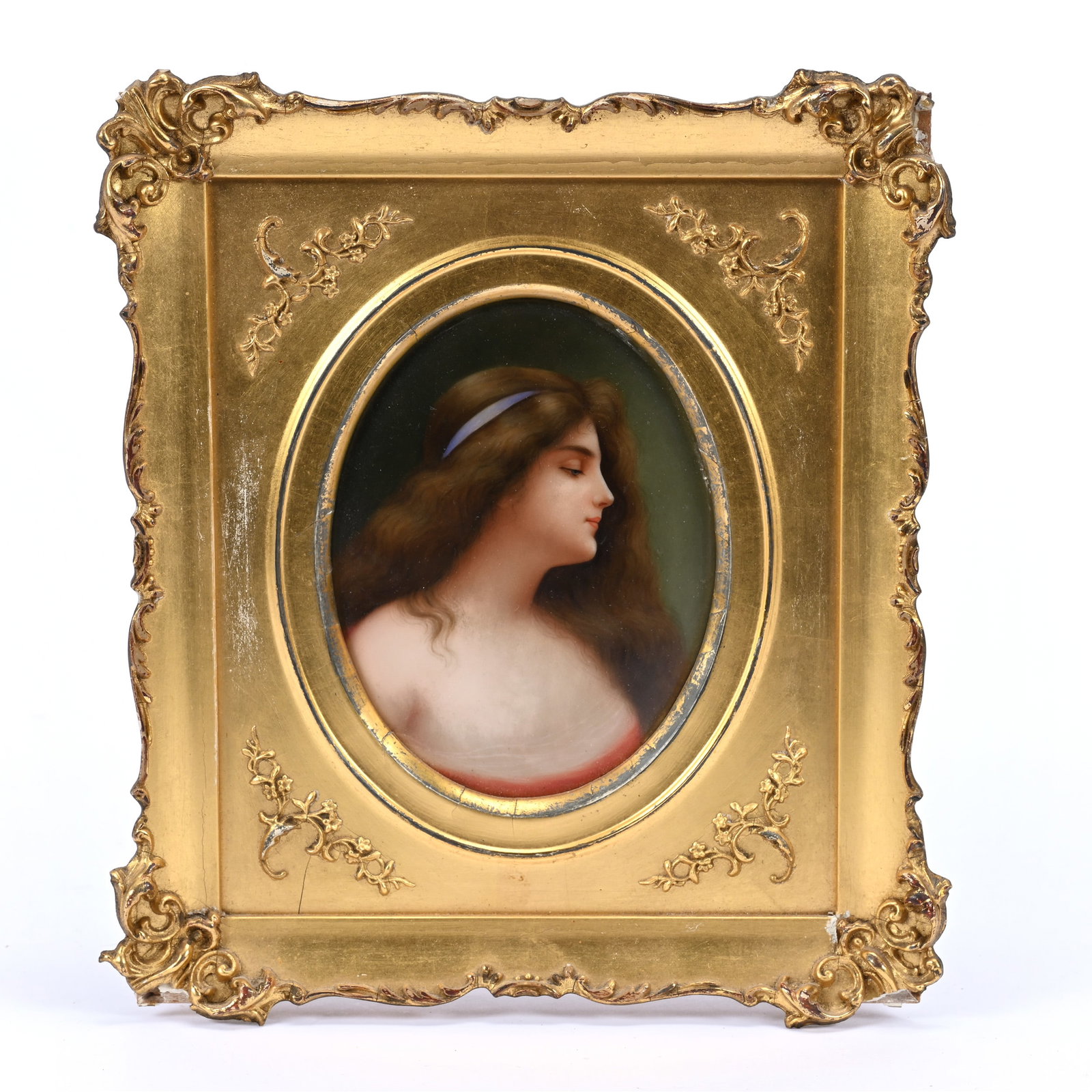 Oval Porcelain Plaque, Unmarked German, Portrait Of Young Beauty Titled "Unschuld" (Innocence) (1 of 6)