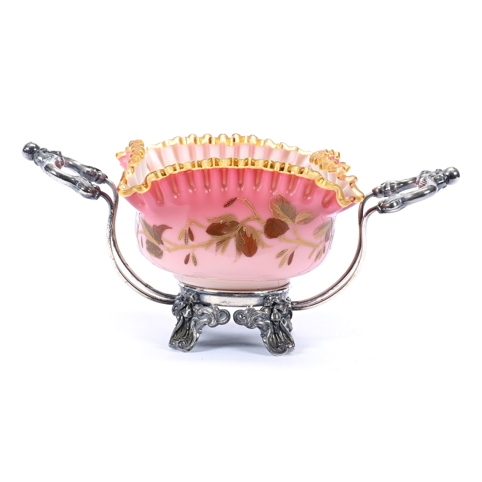 Victorian Brides Basket, Cased Peachblow Art Glass Bowl, White Interior, Enamel Floral Decor (1 of 4)