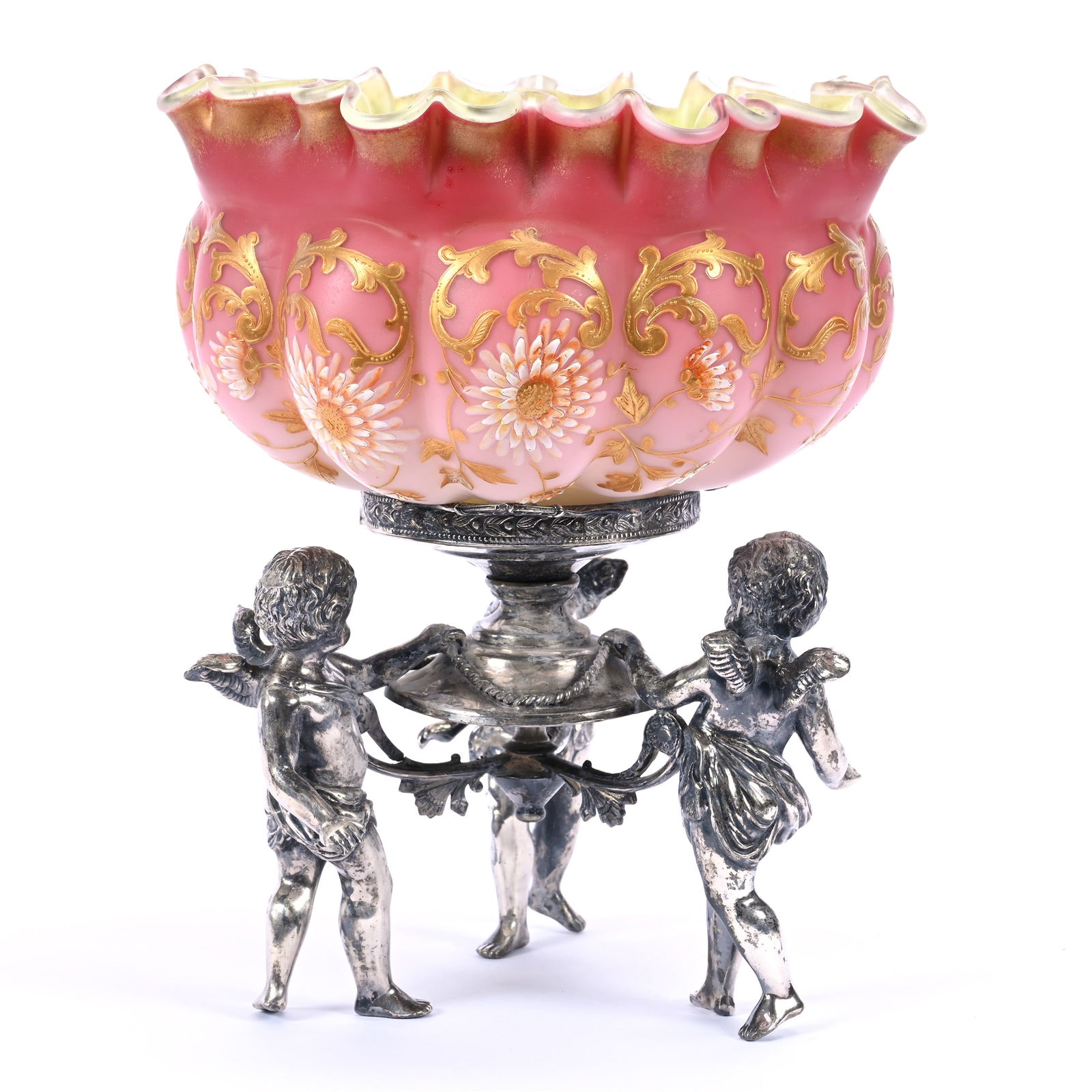 Victorian Brides Basket, Pink Satin Melon Ribbed Art Glass Bowl, Green Interior (1 of 5)