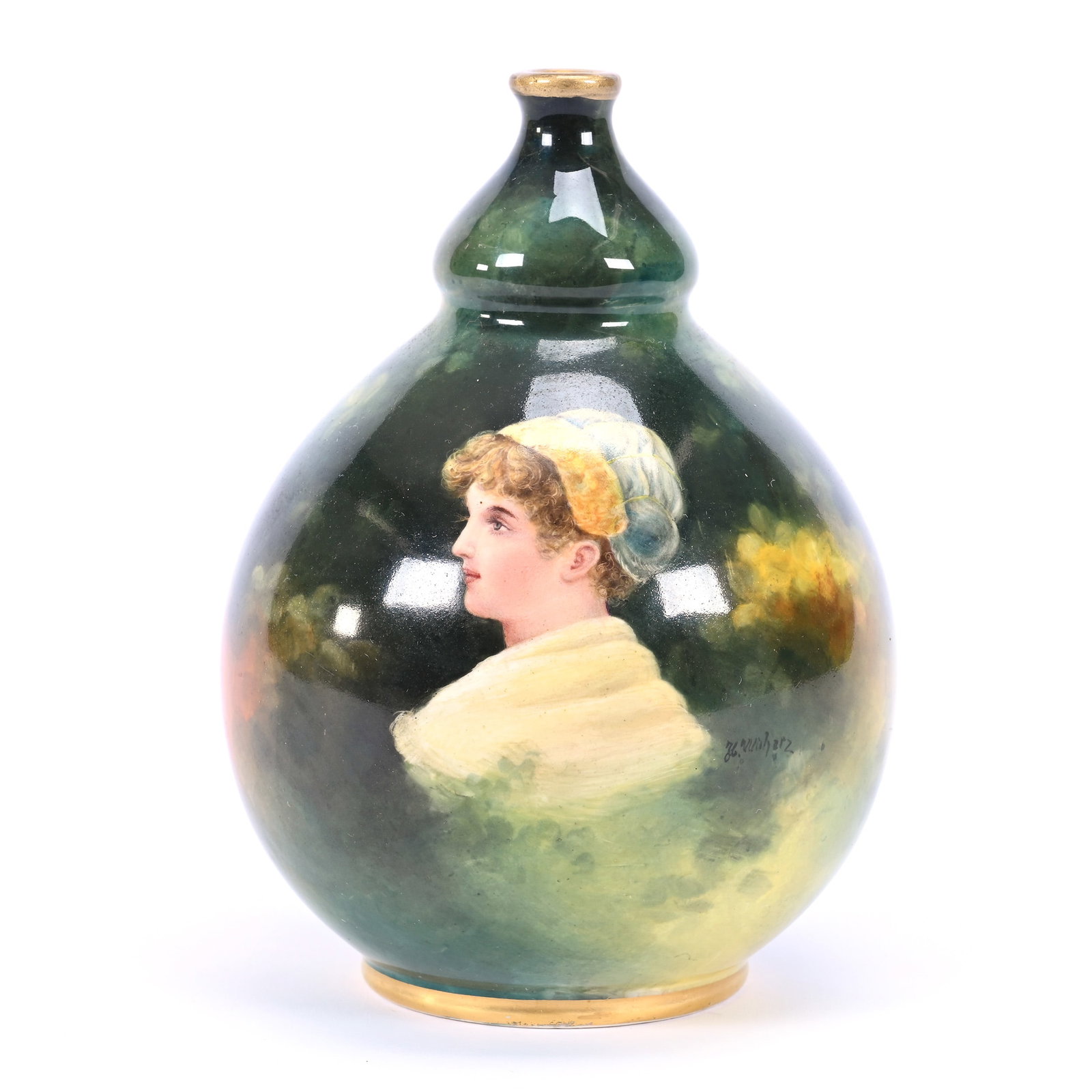 Vase Marked Royal Bonn, Green And Yellow Tones, Portrait Of Young Woman: Vase Marked Royal Bonn, Green And Yellow Tones, Portrait Of Young Woman, 5.5" x 4", Ray Callander Collection.